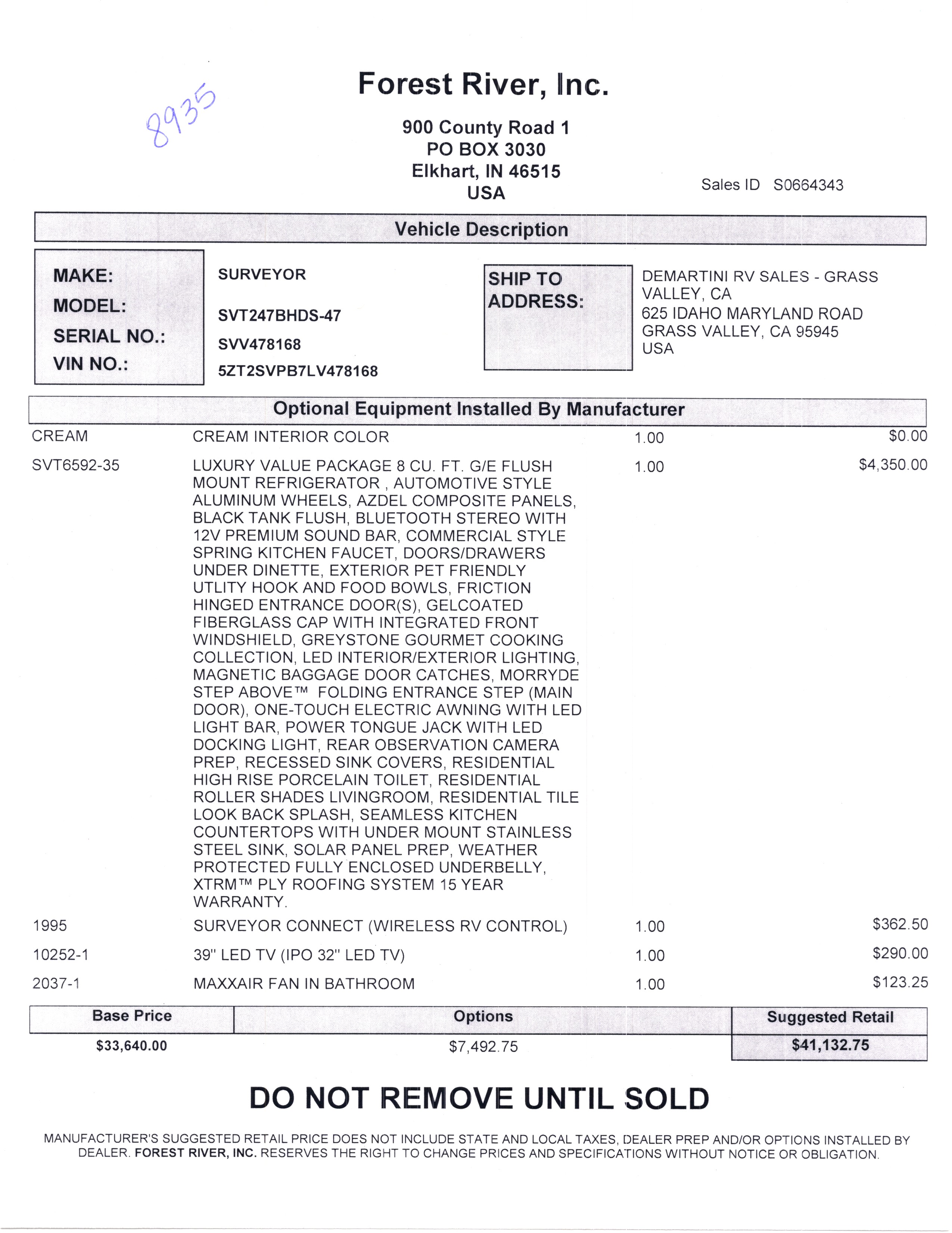 2020 Forest River Surveyor Luxury 247BHDS MSRP Sheet