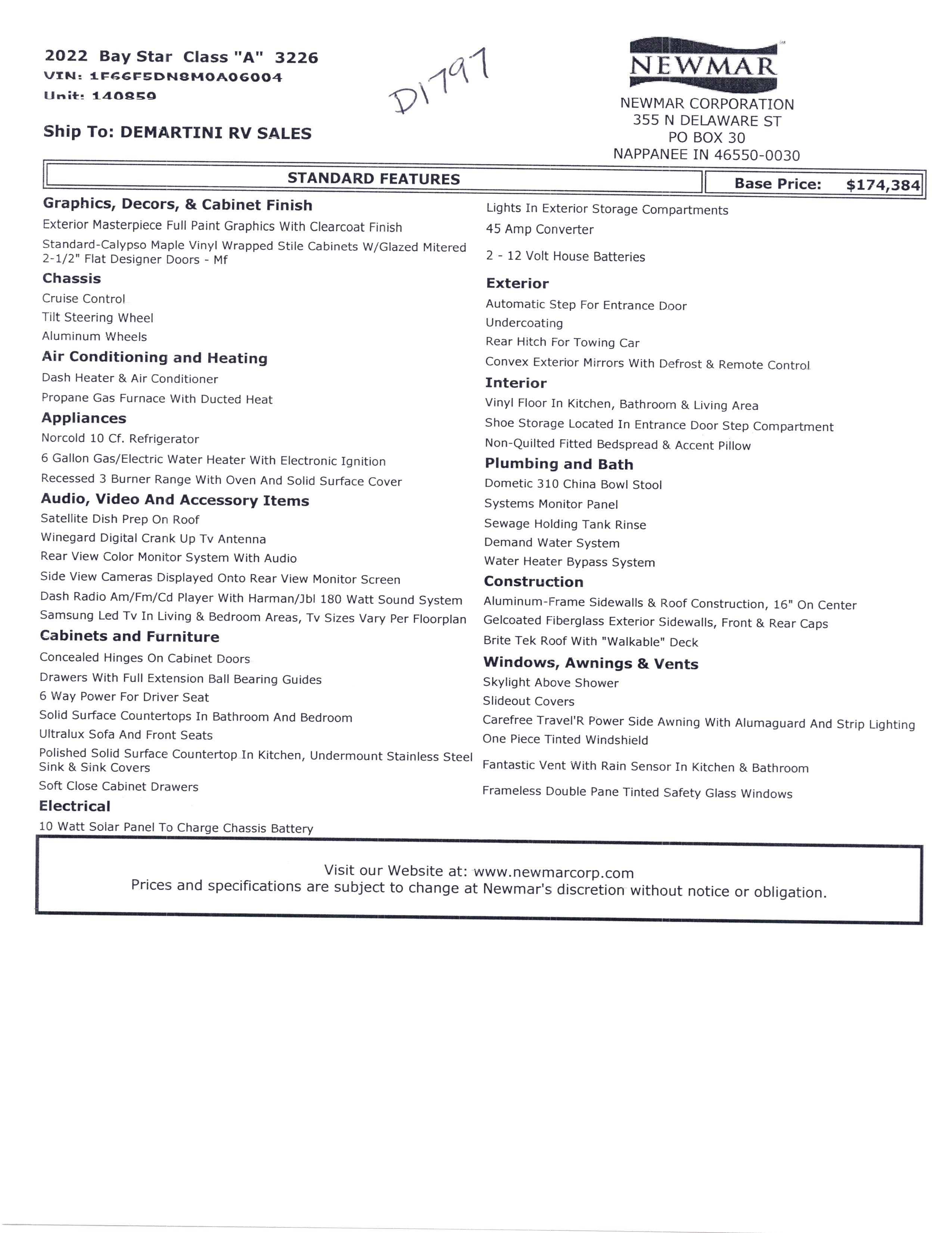 2022 Newmar Bay Star 3226 MSRP Sheet