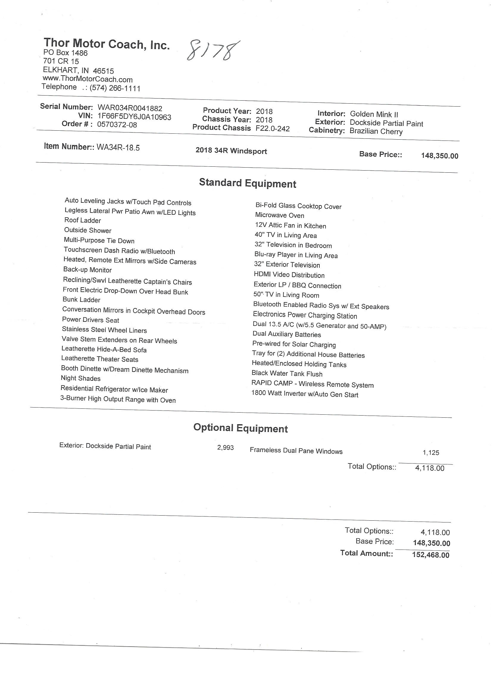 2018 Thor Windsport 34R MSRP Sheet