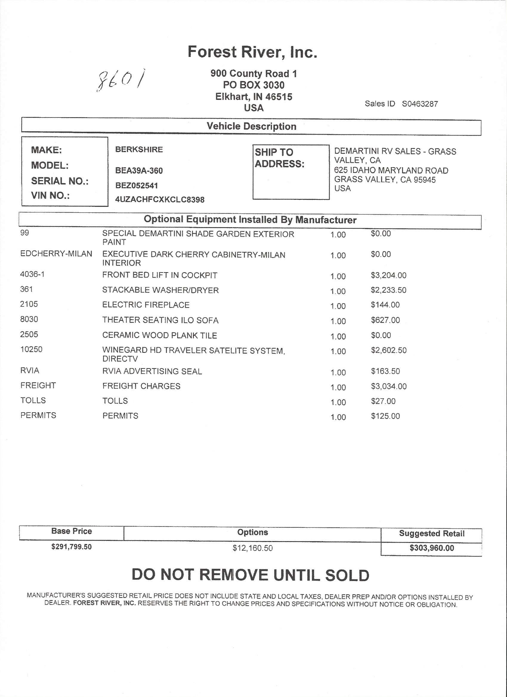 2019 Forest River Berkshire 39A MSRP Sheet