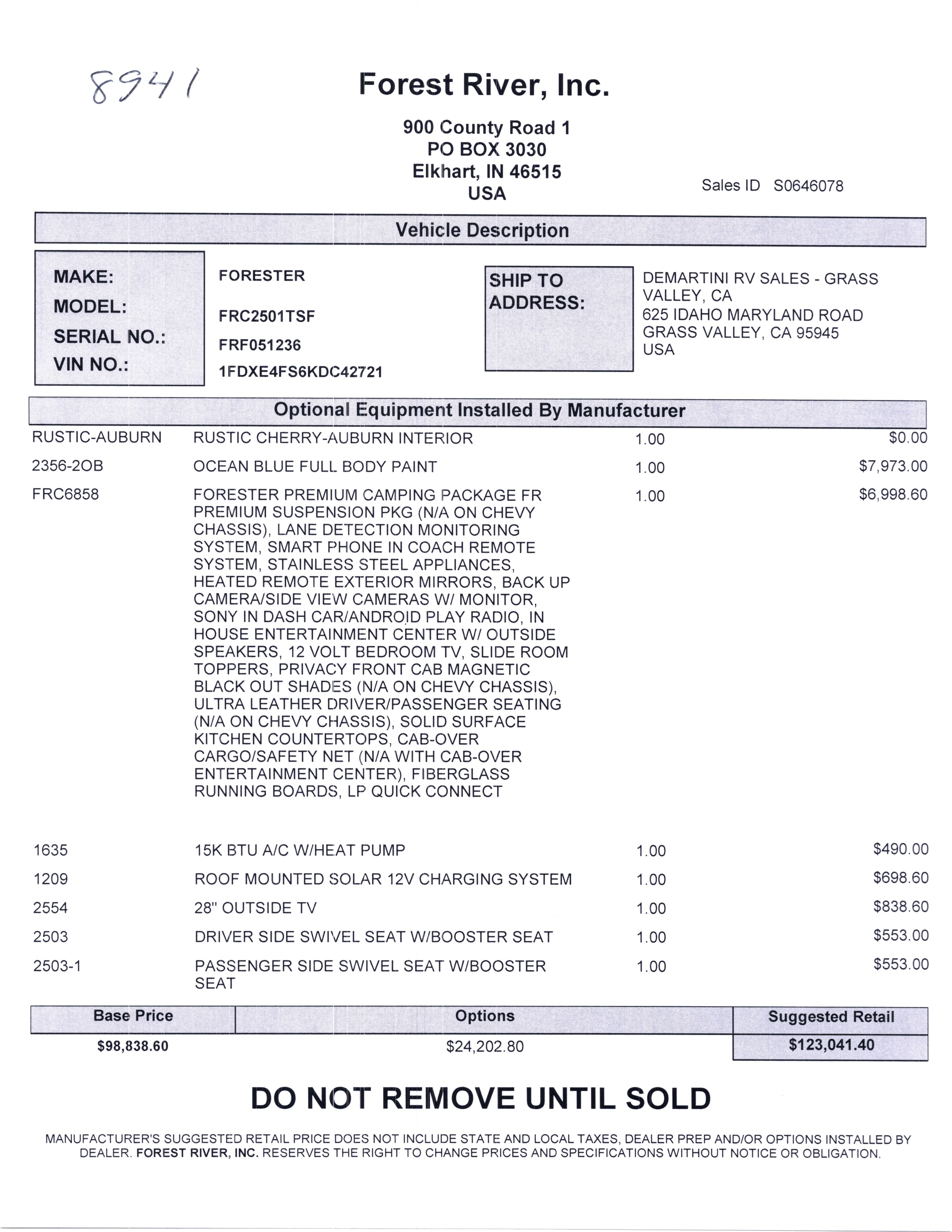 2020 Forest River Forester 2501TS MSRP Sheet