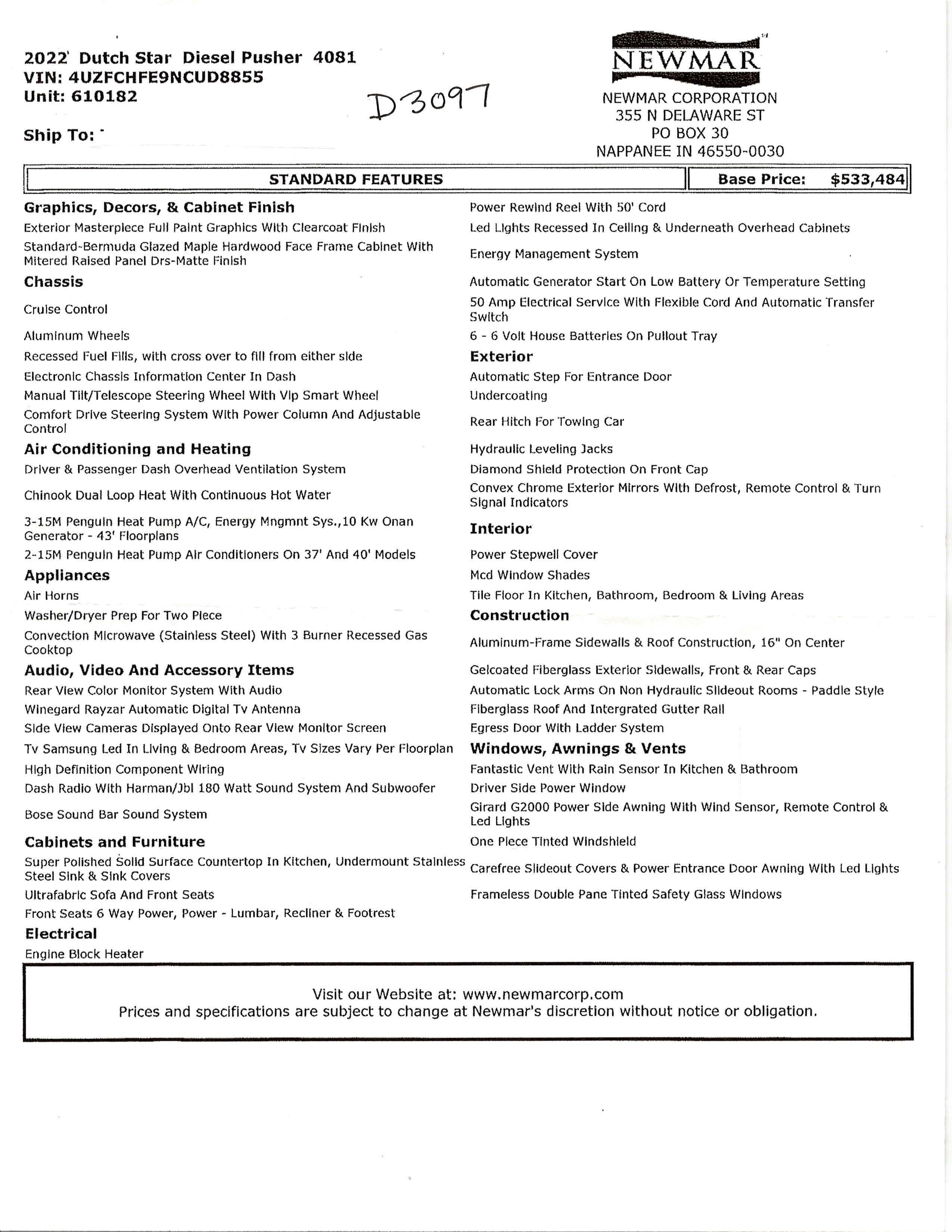 2022 Newmar Dutch Star 4081 MSRP Sheet