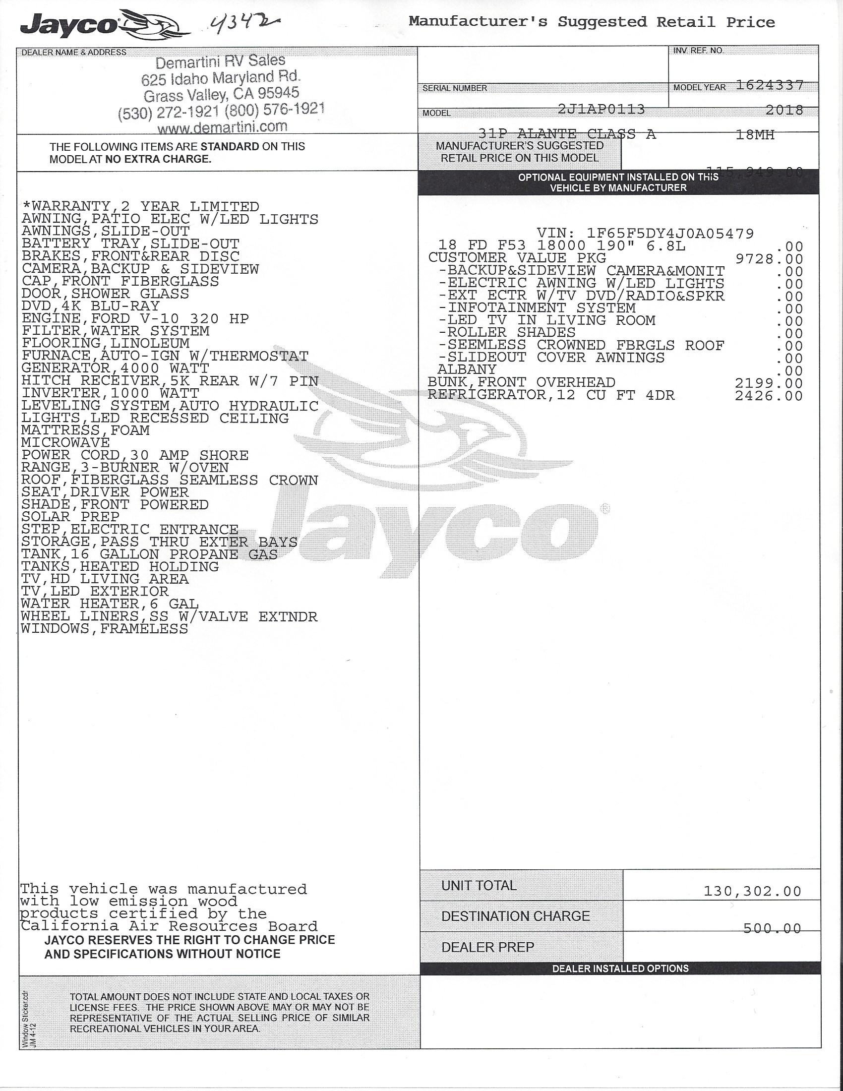 2018 Jayco Alante 31P MSRP Sheet