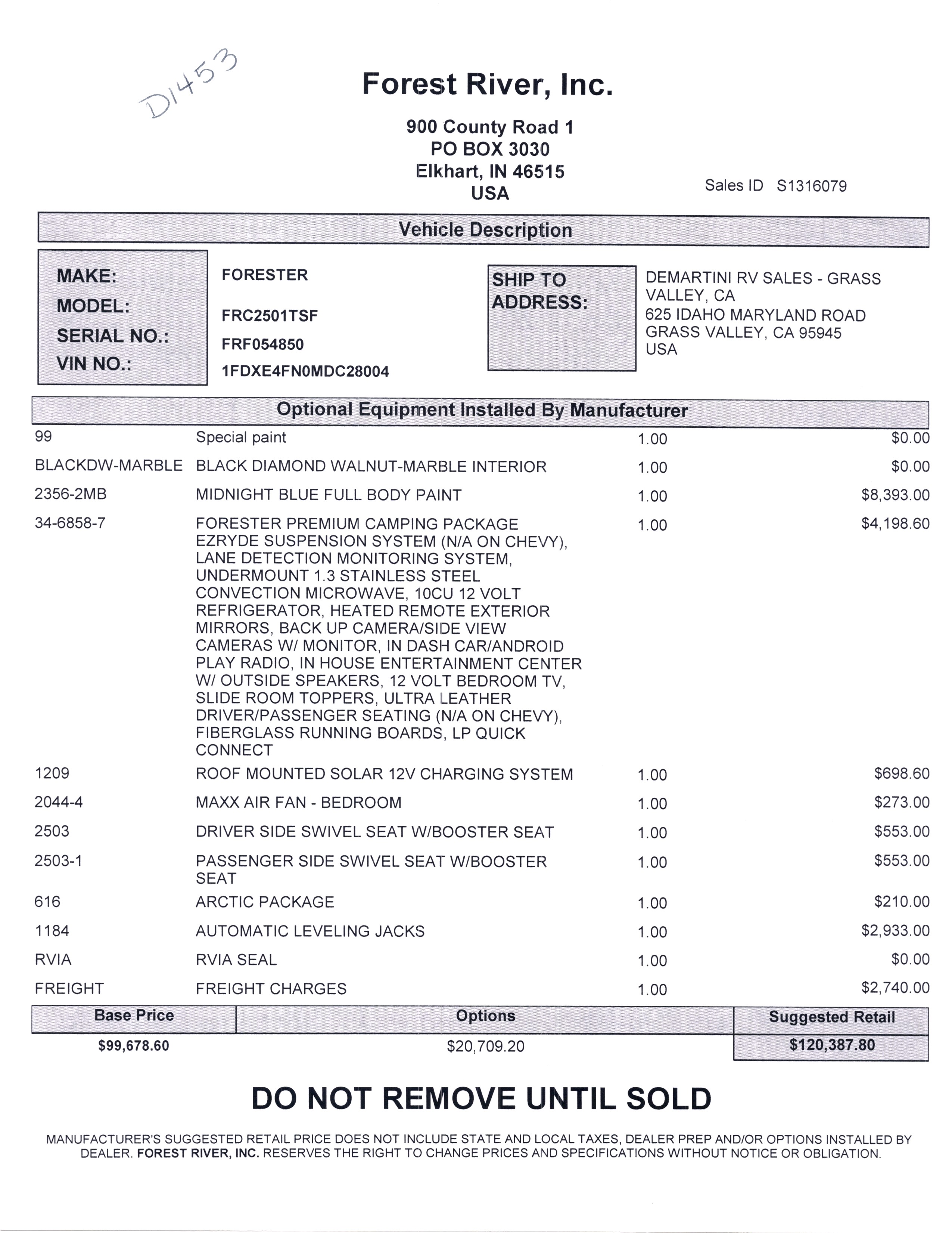 2021 Forest River Forester Classic 2501TS MSRP Sheet