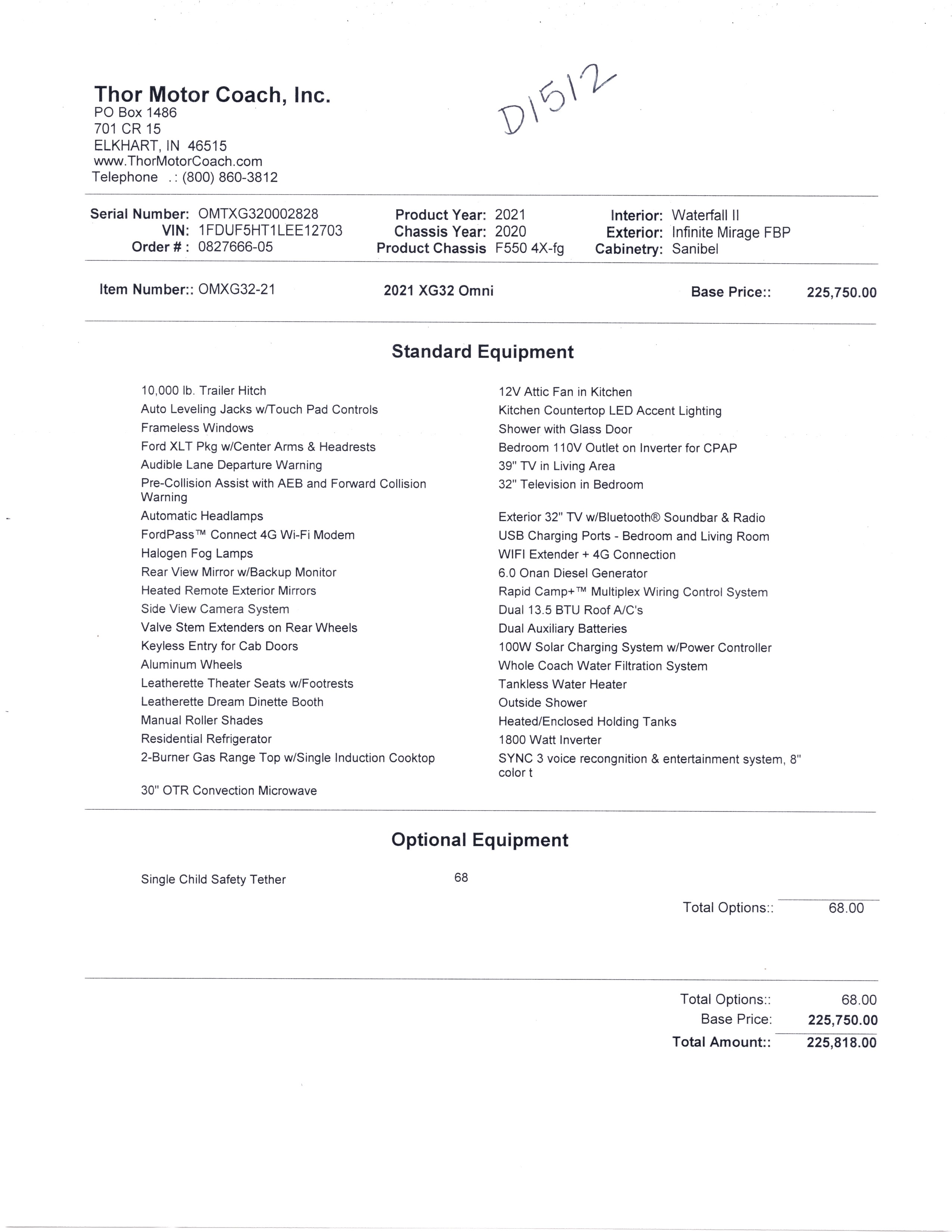 2021 Thor Omni 4x4 XG32 MSRP Sheet