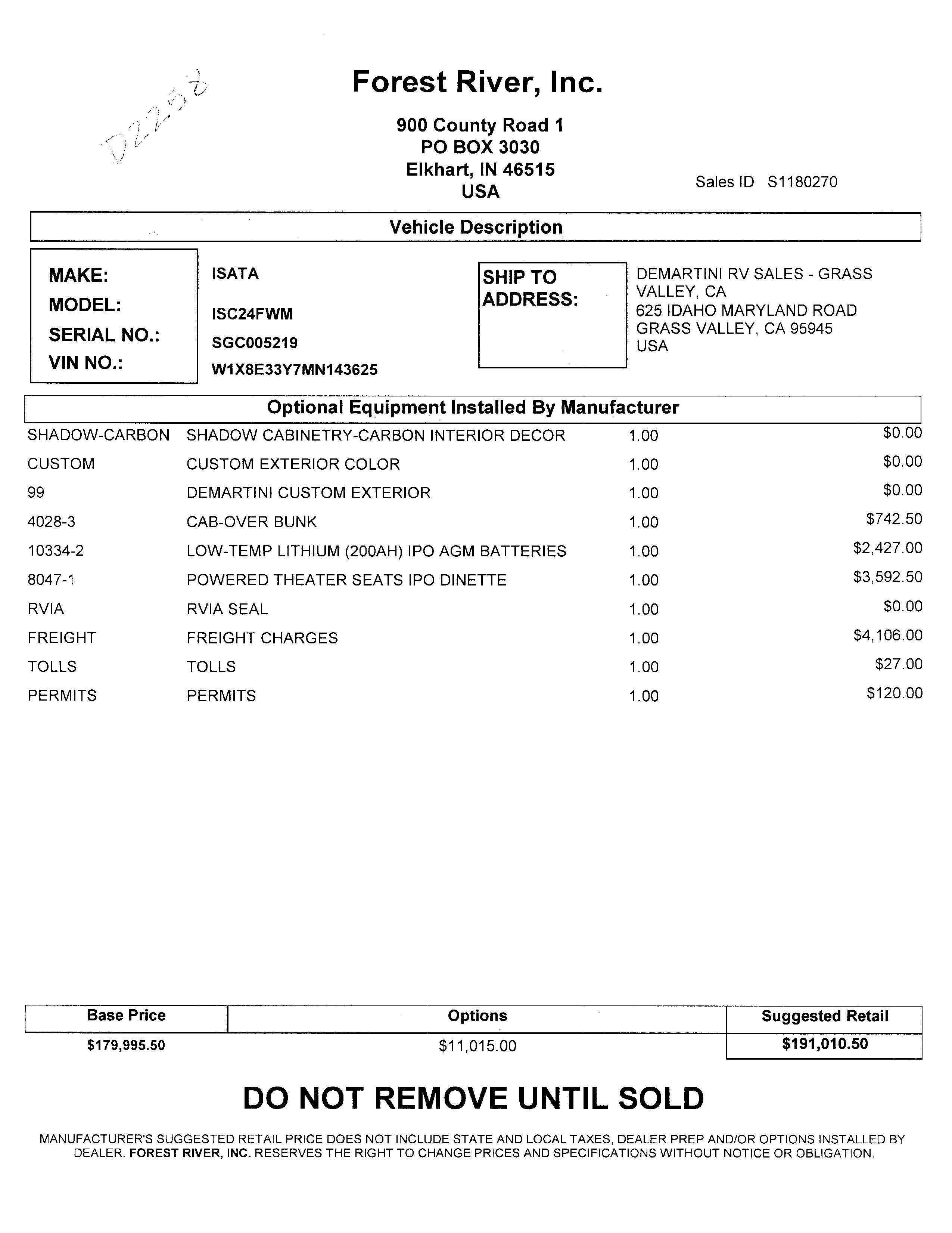 2022 Dynamax Isata 3 24FW MSRP Sheet