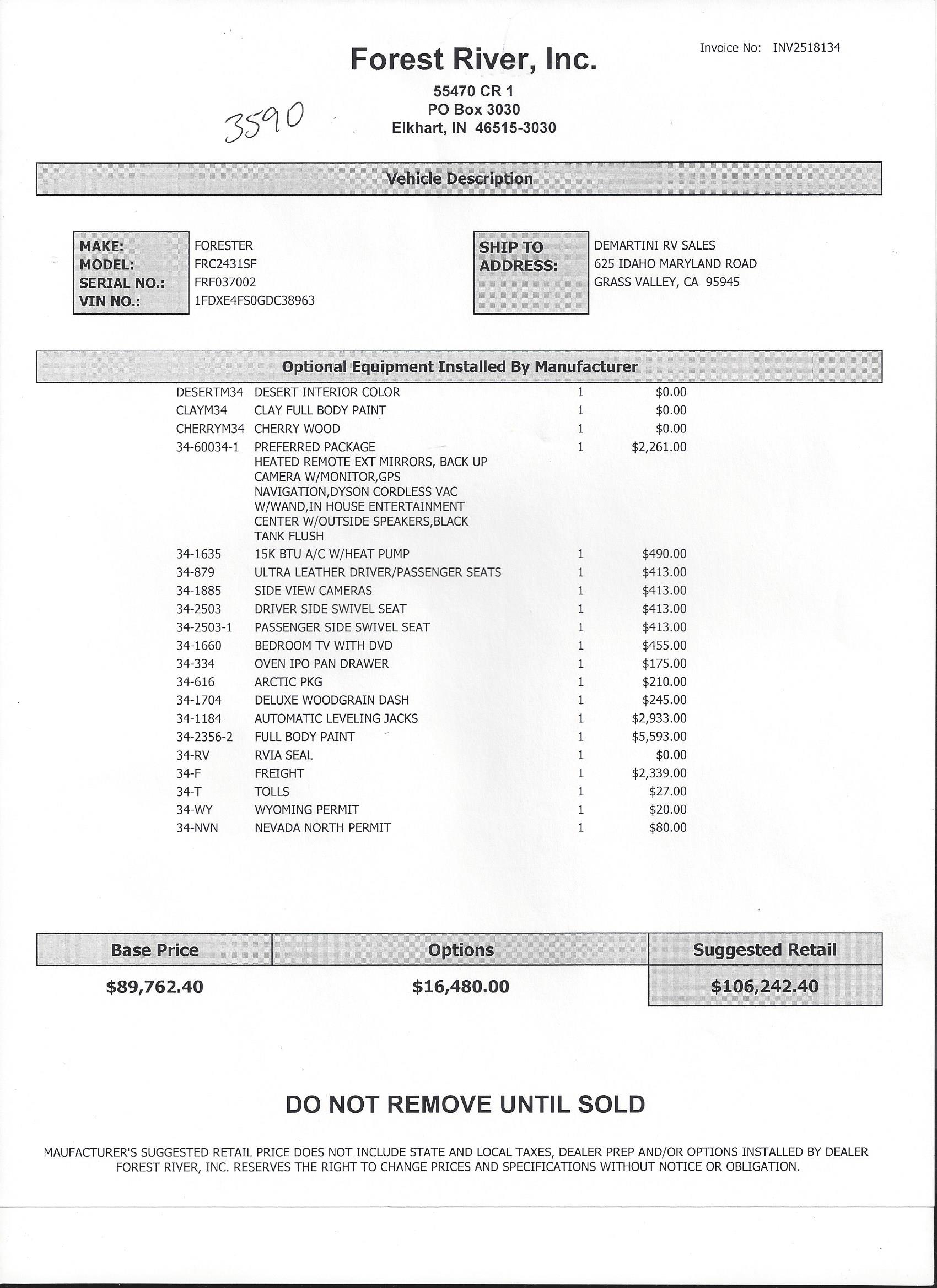 2016 Forest River Forester GTS 2431SF MSRP Sheet