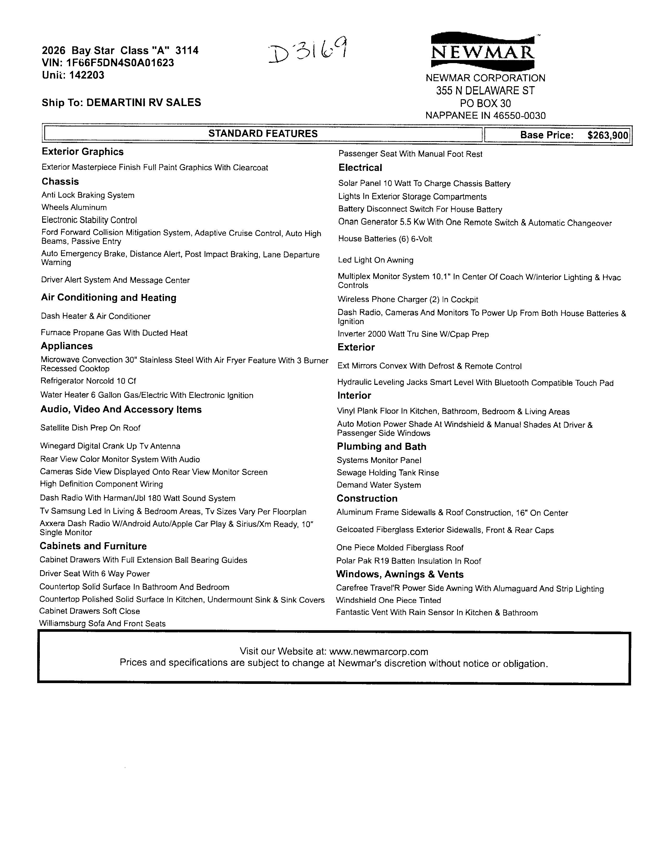 2026 Newmar Bay Star 3114 MSRP Sheet