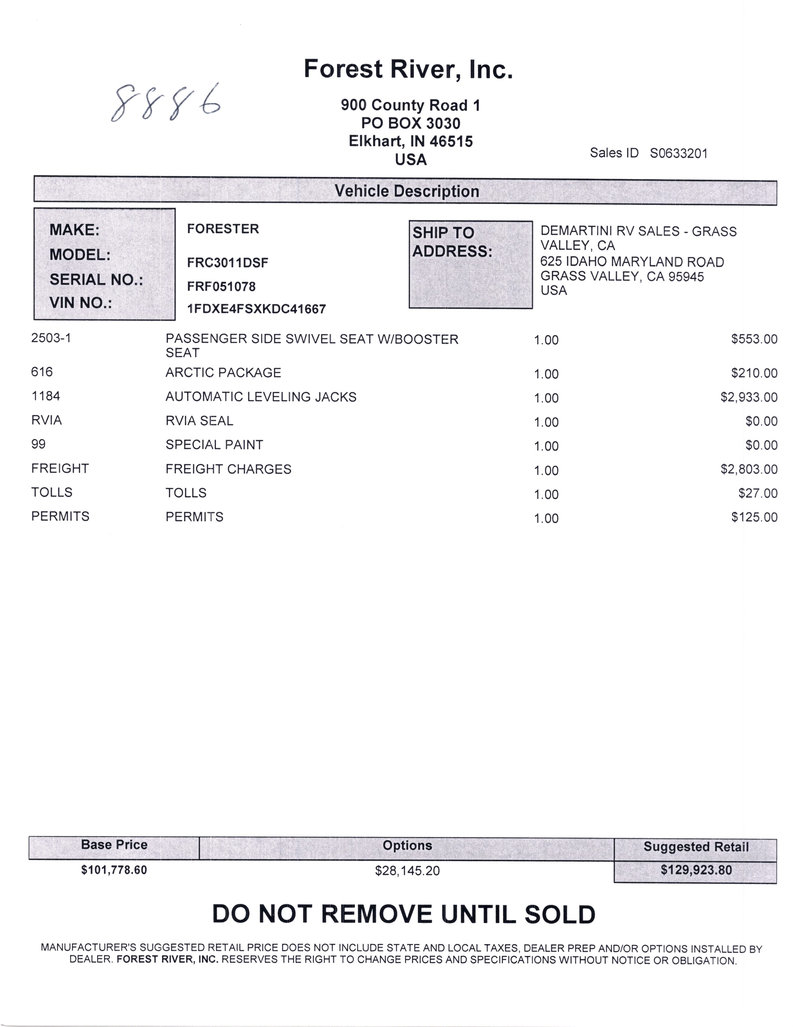 2020 Forest River Forester 3011DS MSRP Sheet