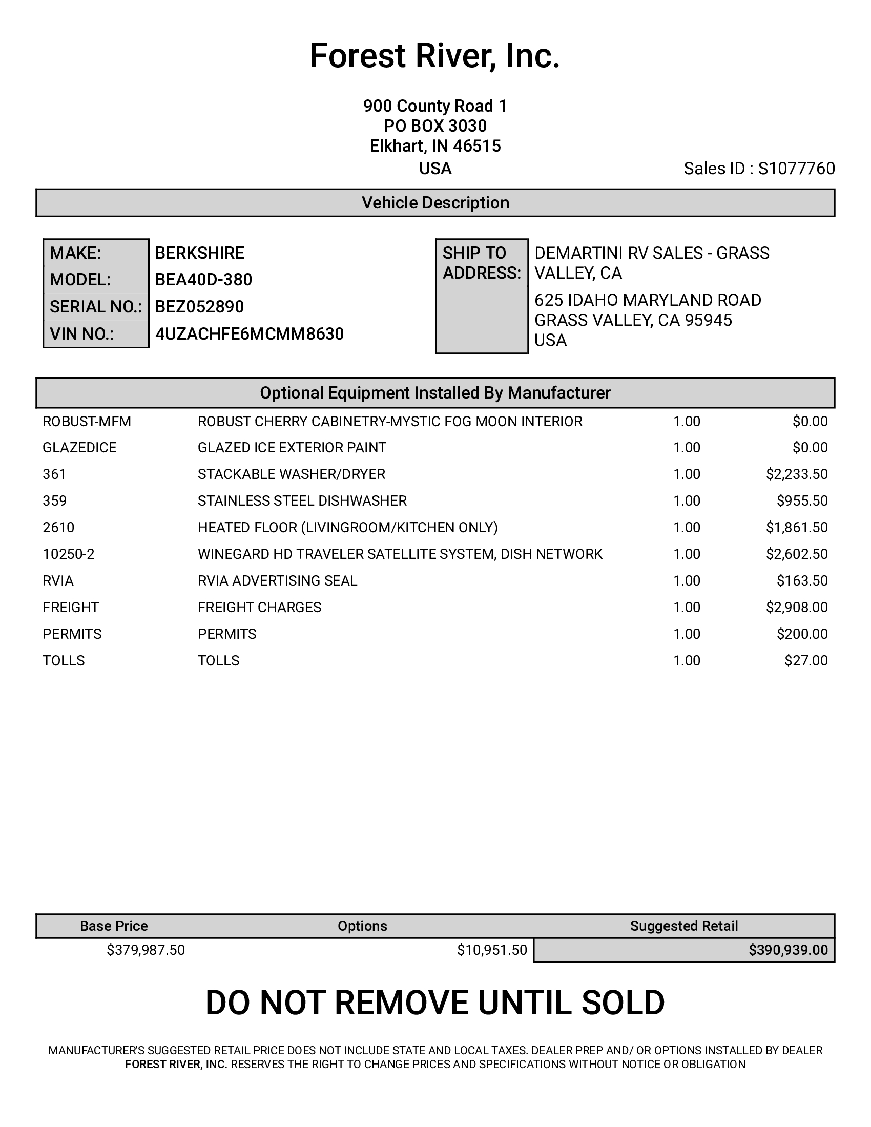 2021 Forest River Berkshire XL 40D MSRP Sheet