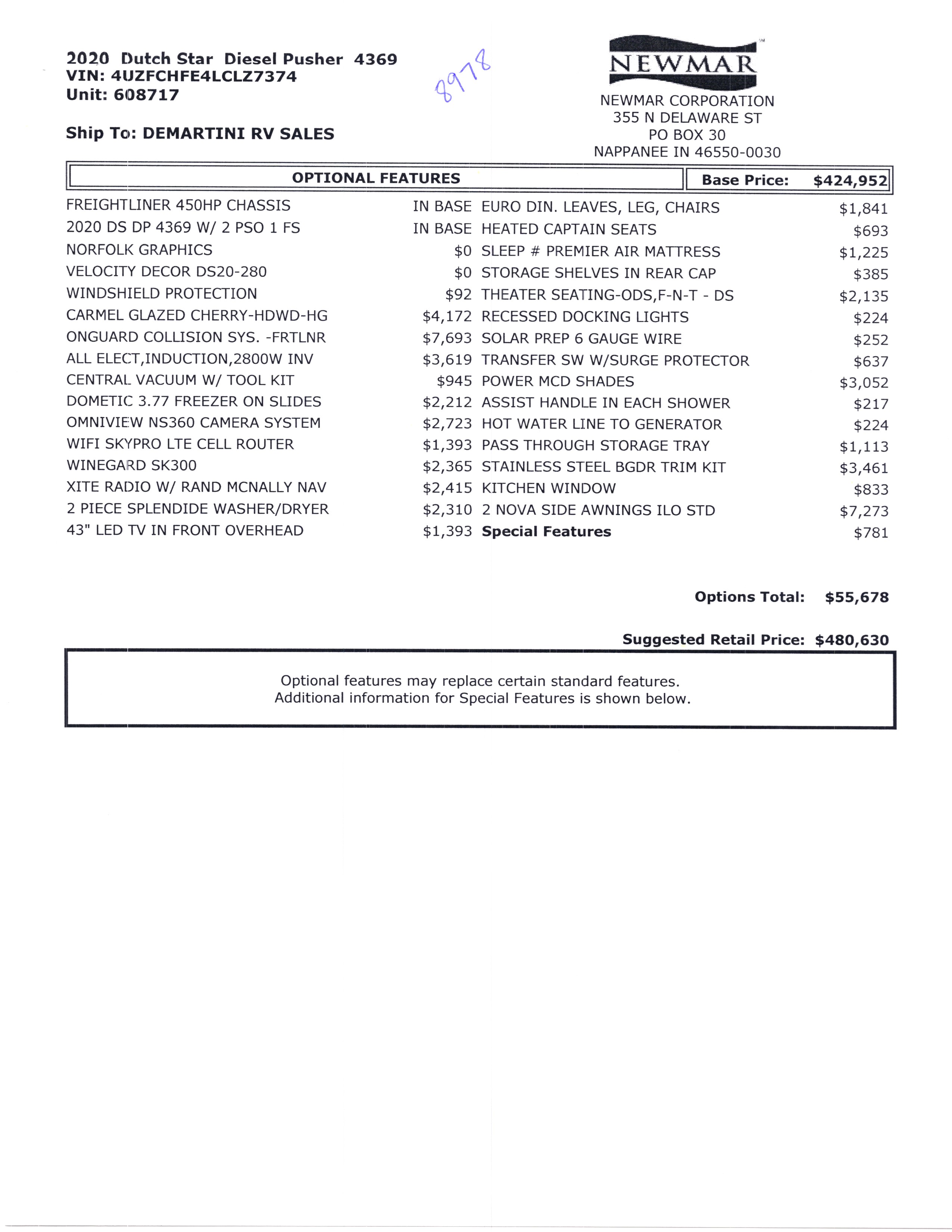 2020 Newmar Dutch Star 4369 MSRP Sheet