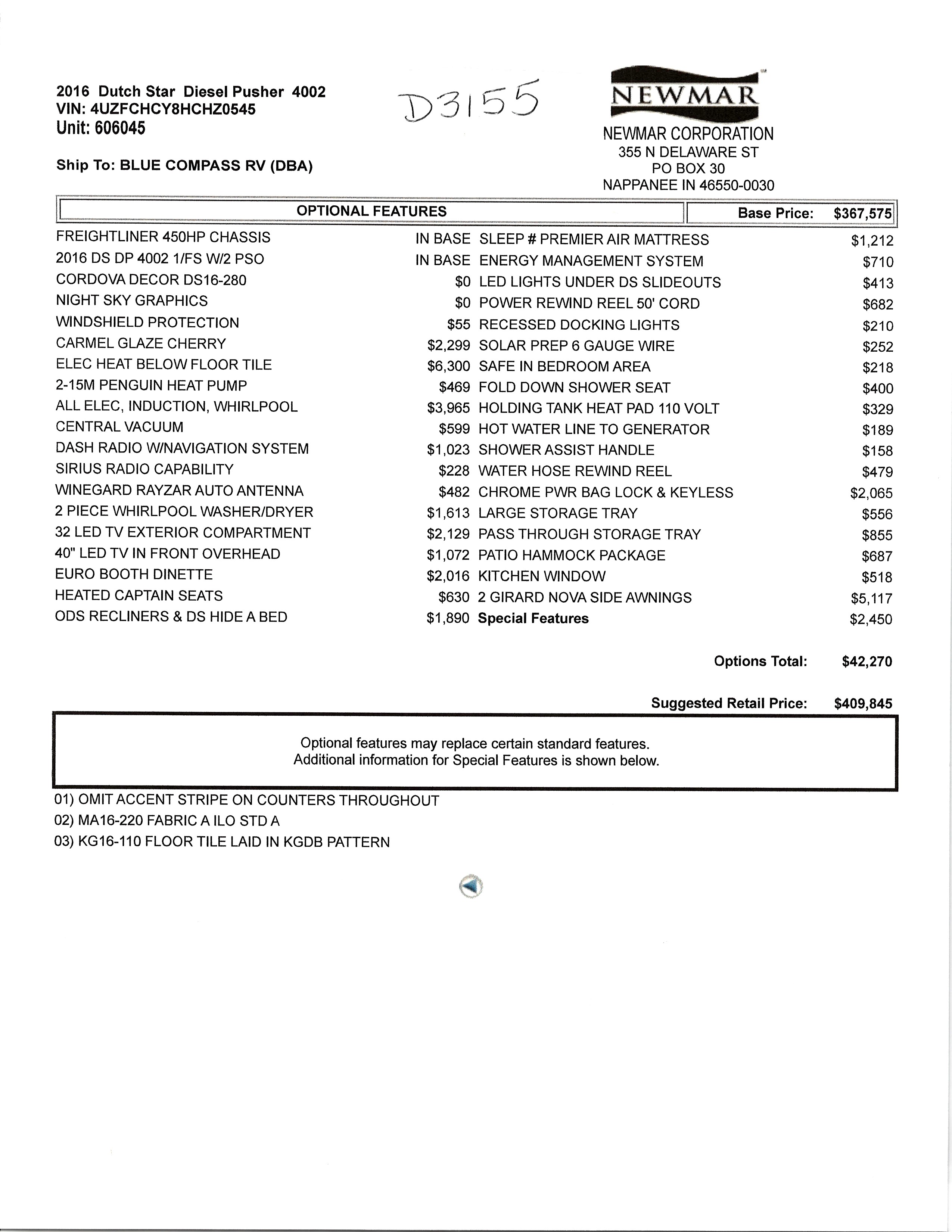2016 Newmar Dutch Star 4002 MSRP Sheet
