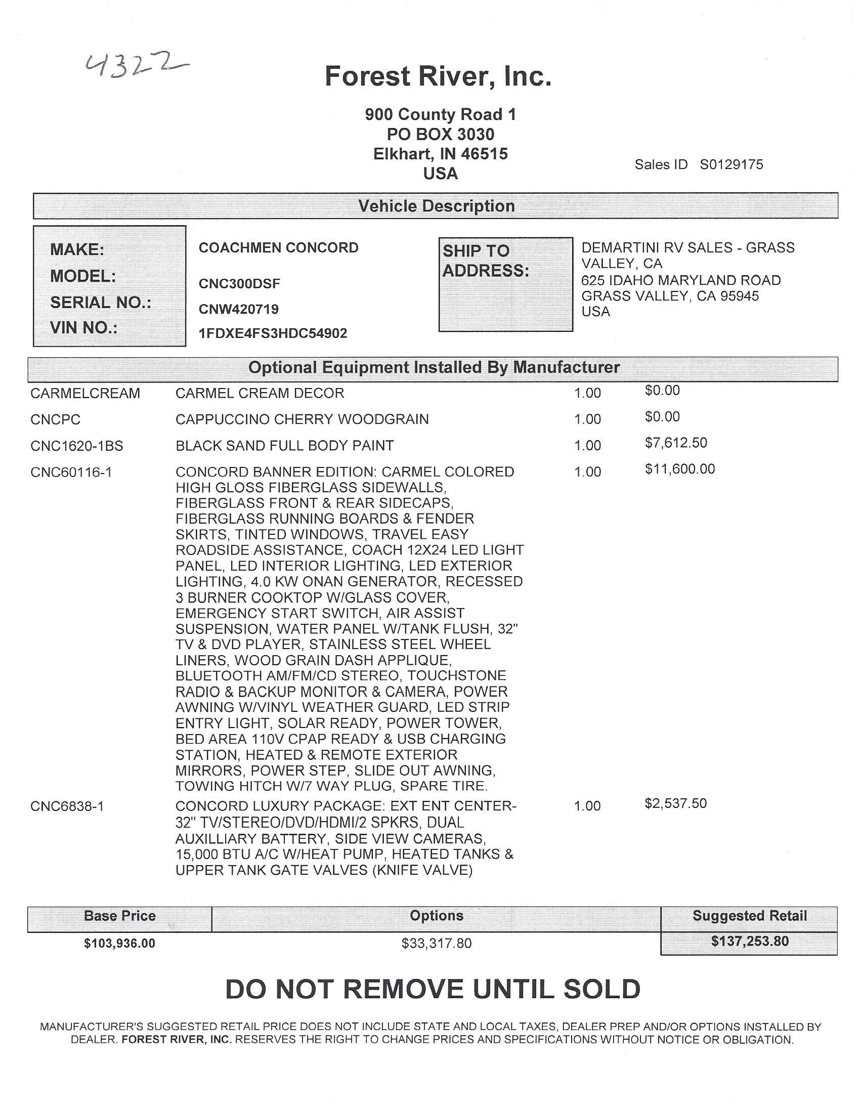 2018 Coachmen Concord 300DS MSRP Sheet