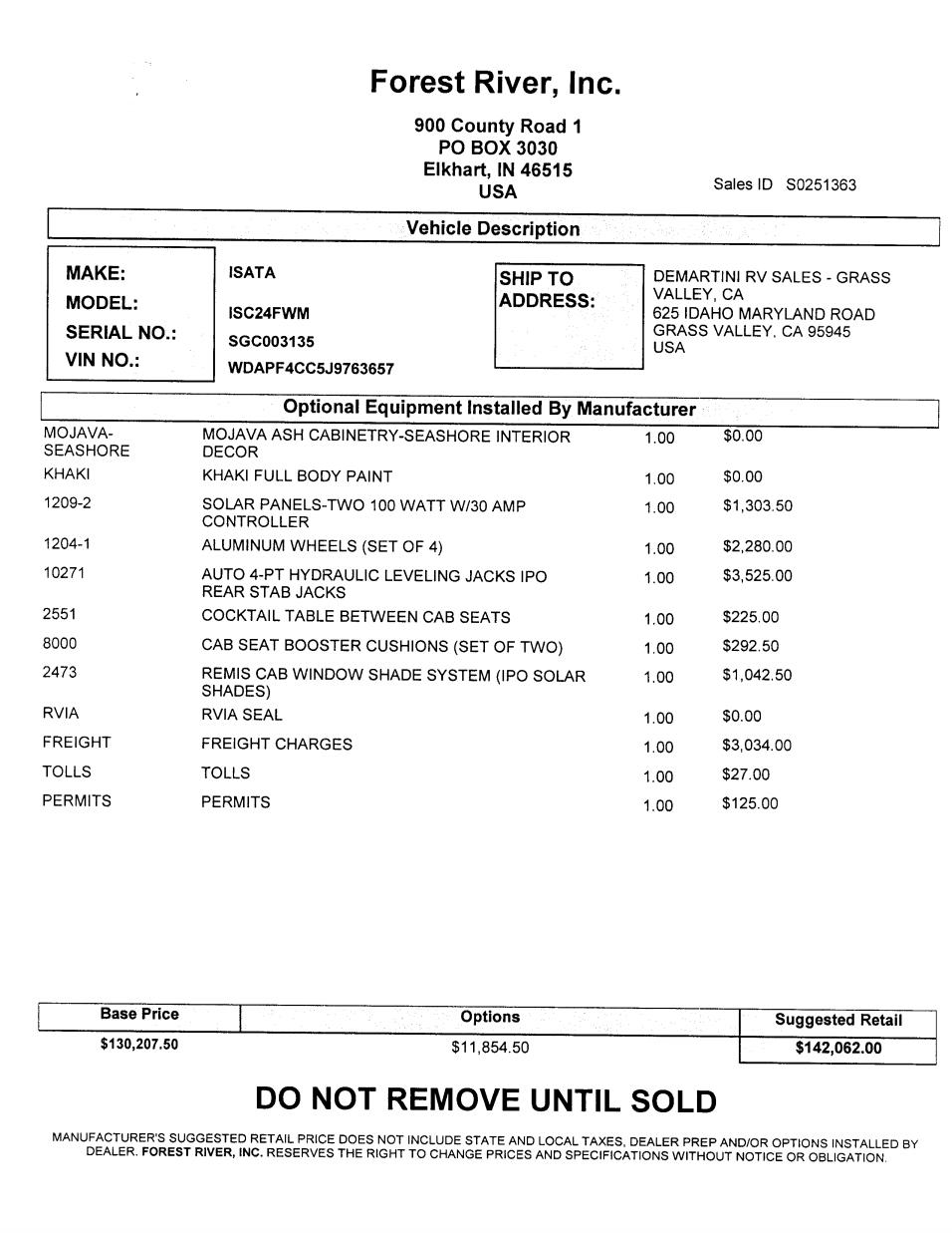 2019 Dynamax Isata 3 24FW MSRP Sheet