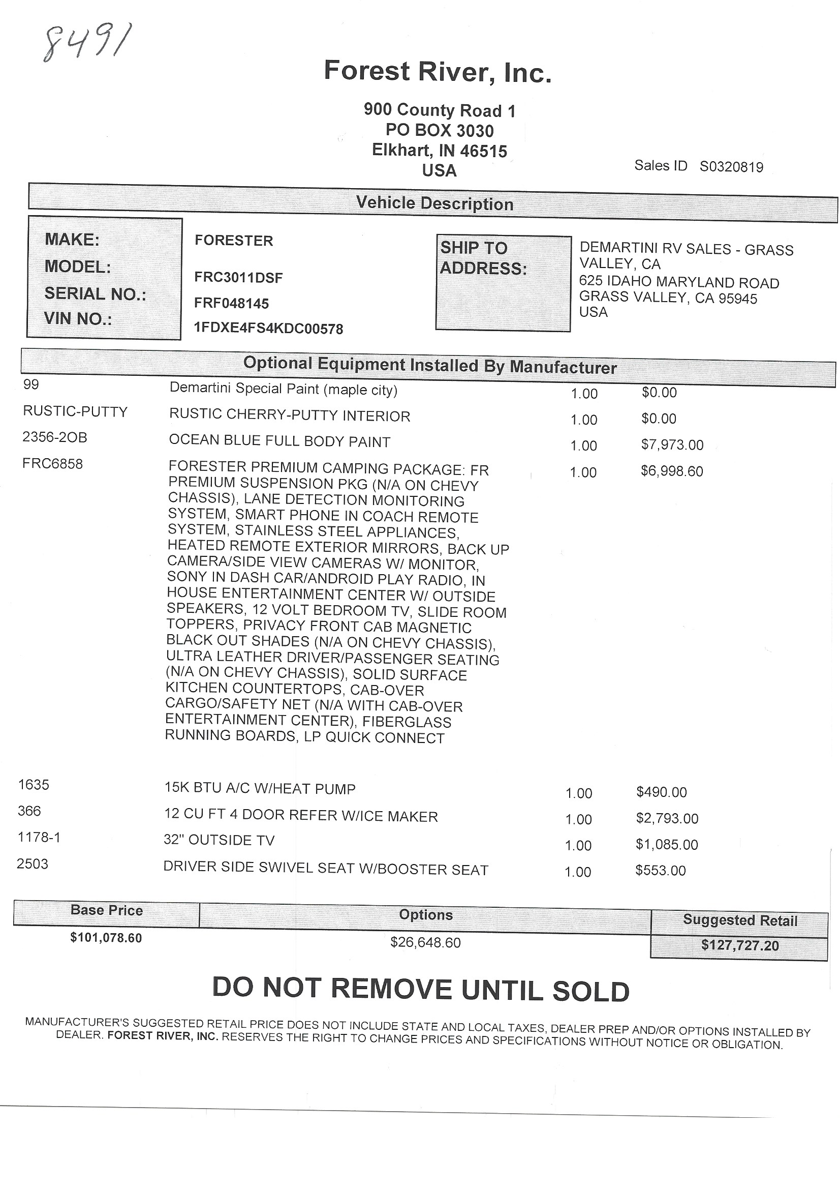 2019 Forest River Forester 3011DS MSRP Sheet