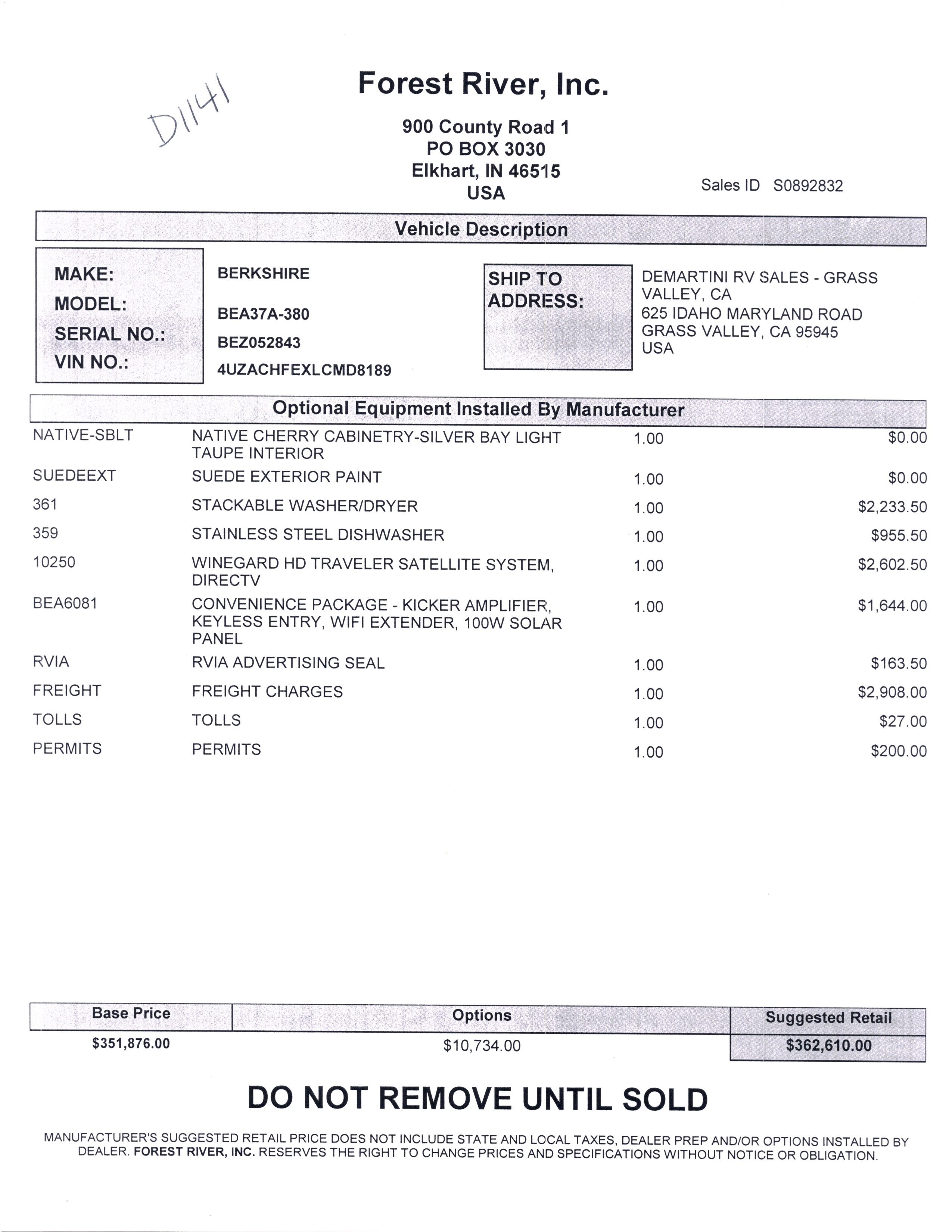 2021 Forest River Berkshire XL 37A MSRP Sheet