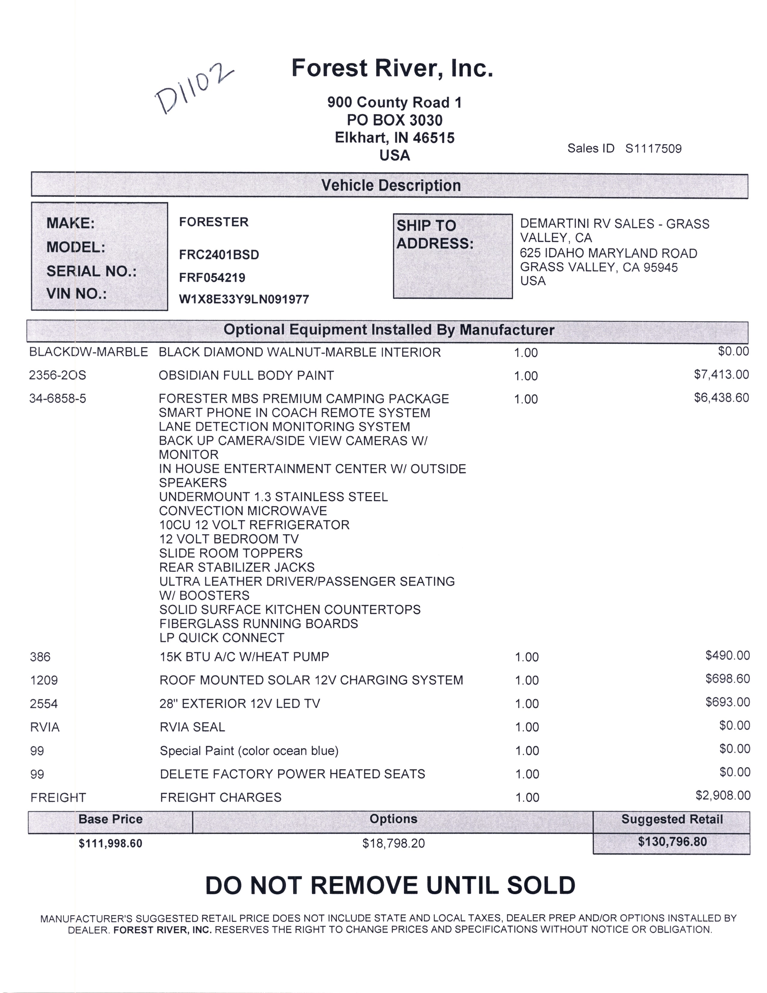 2021 Forest River Forester MBS 2401B MSRP Sheet