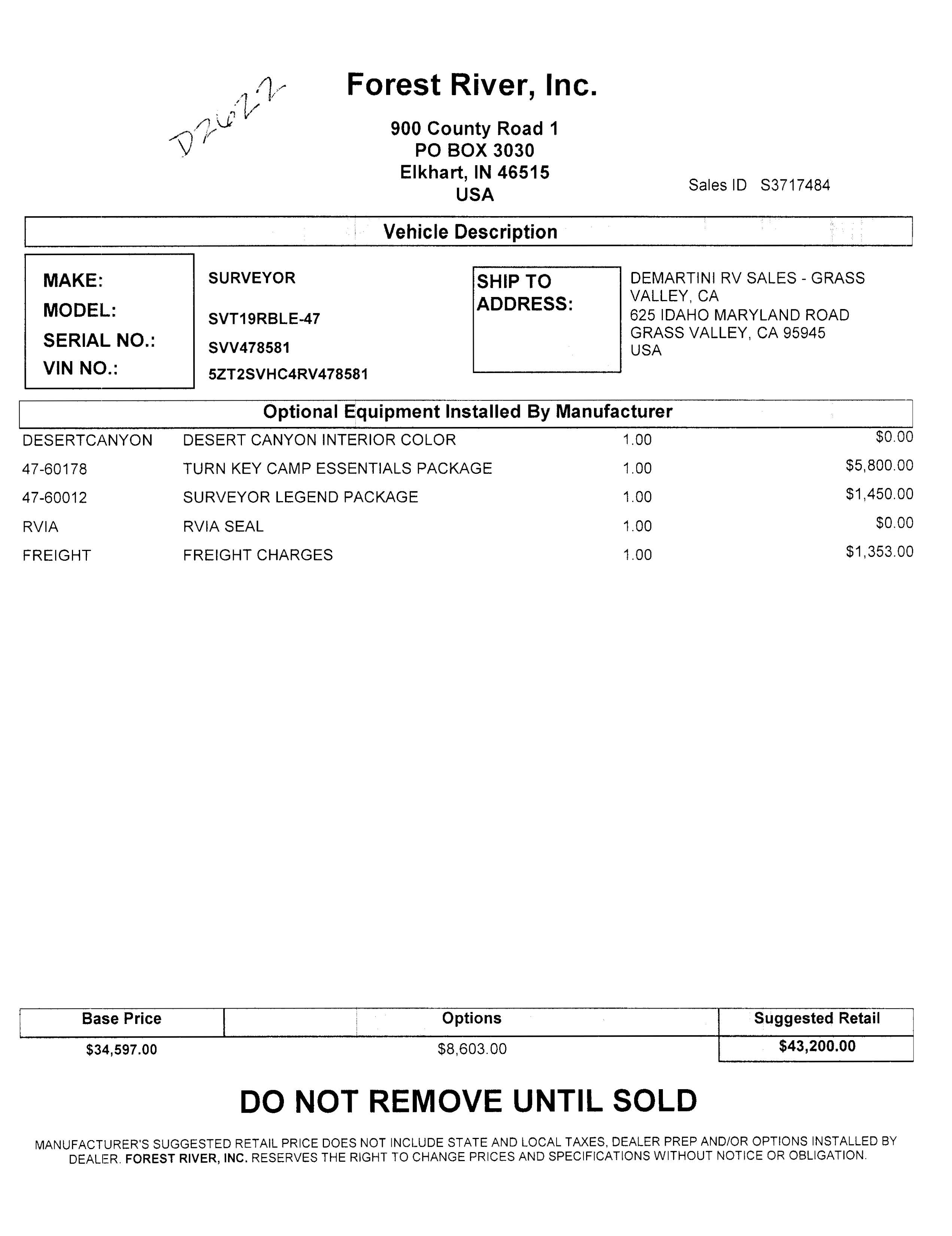 2024 Forest River Surveyor 19RBLE MSRP Sheet