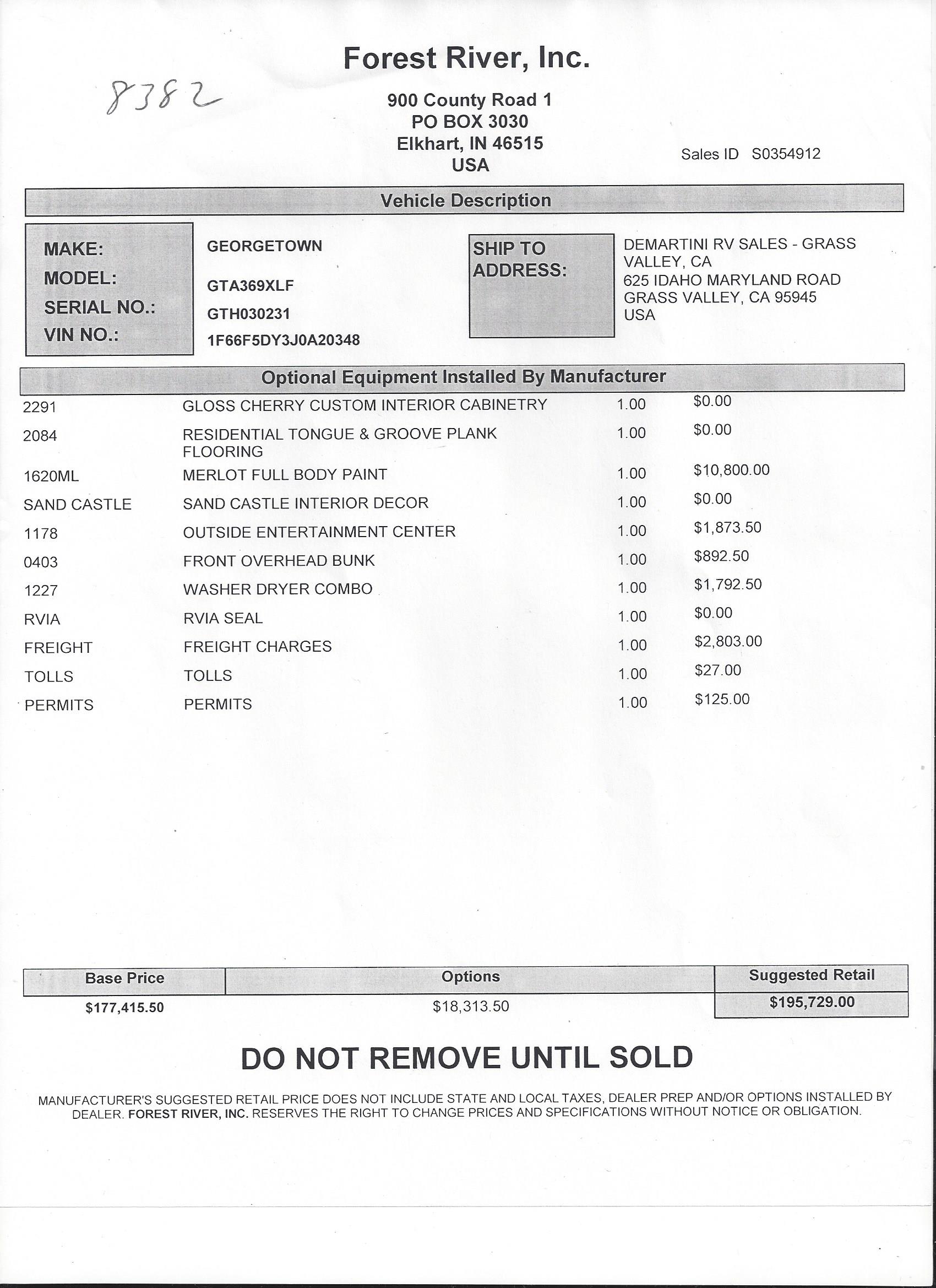 2019 Forest River Georgetown XL 369DS MSRP Sheet