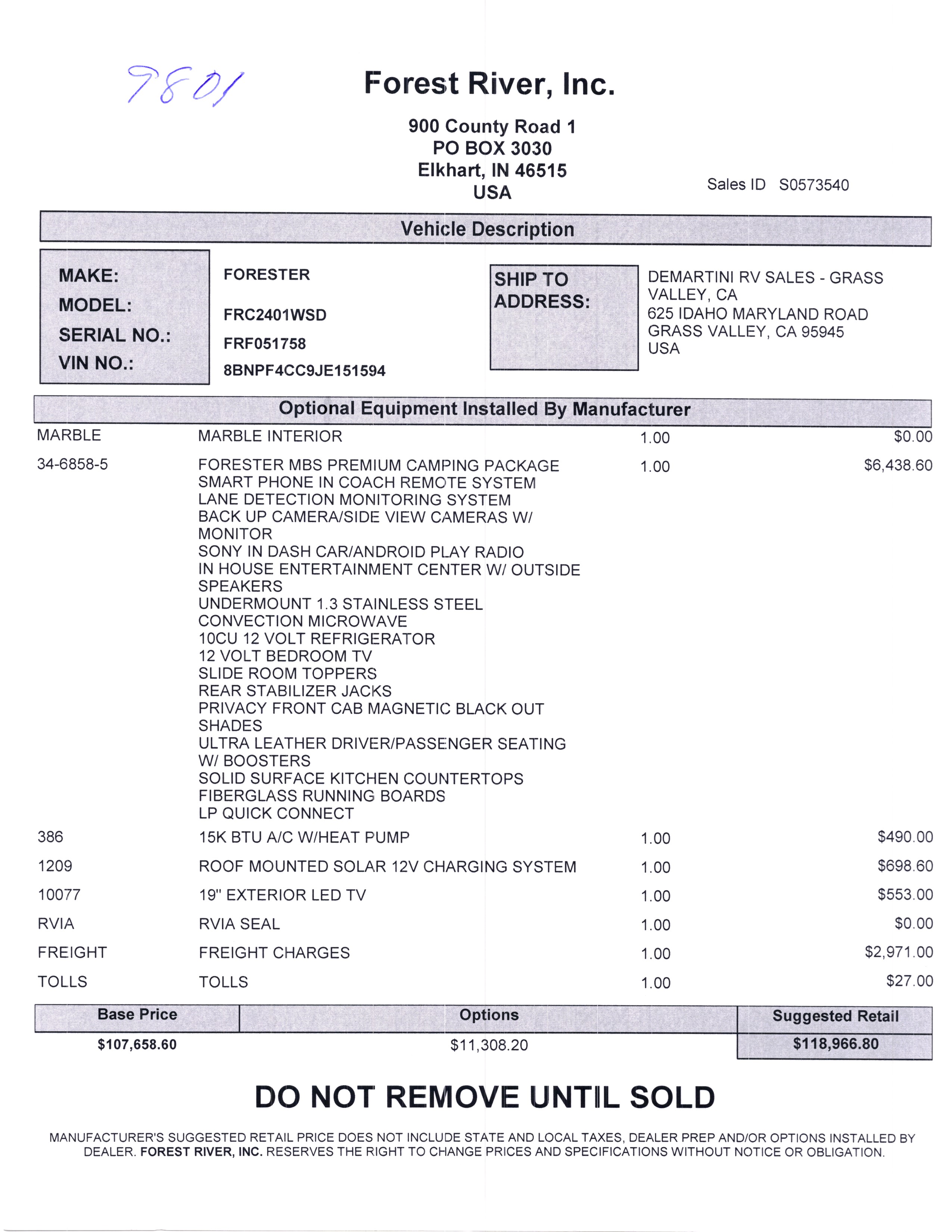 2020 Forest River Forester MBS 2401W MSRP Sheet