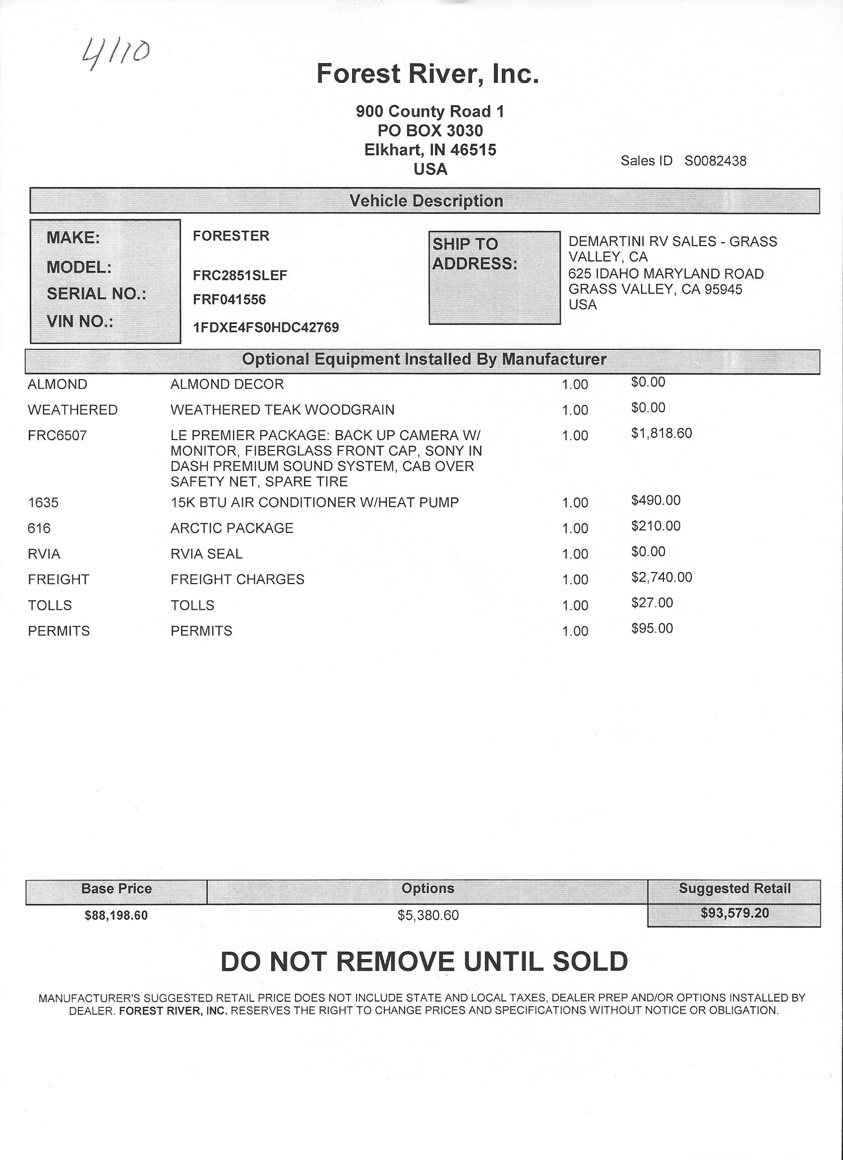 2018 Forest River Forester LE 2851SLE MSRP Sheet