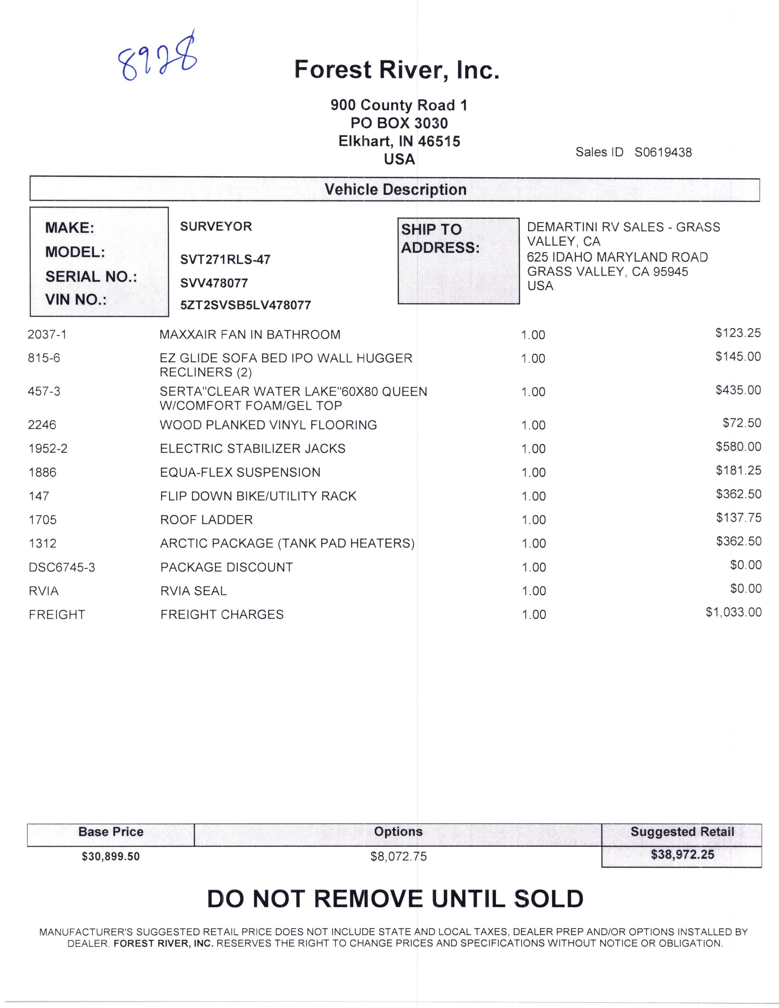 2020 Forest River Surveyor 271RLS MSRP Sheet