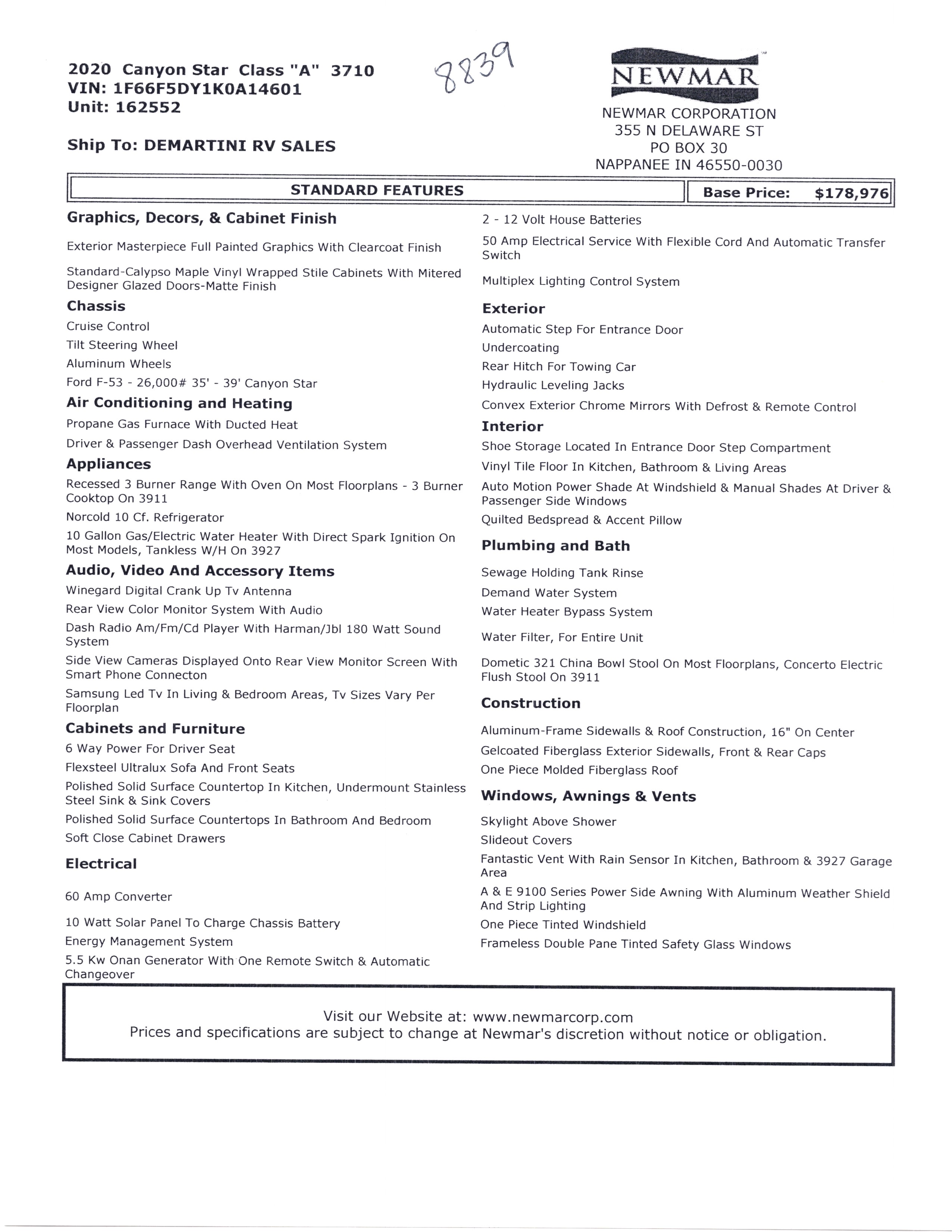 2020 Newmar Canyon Star 3710 MSRP Sheet