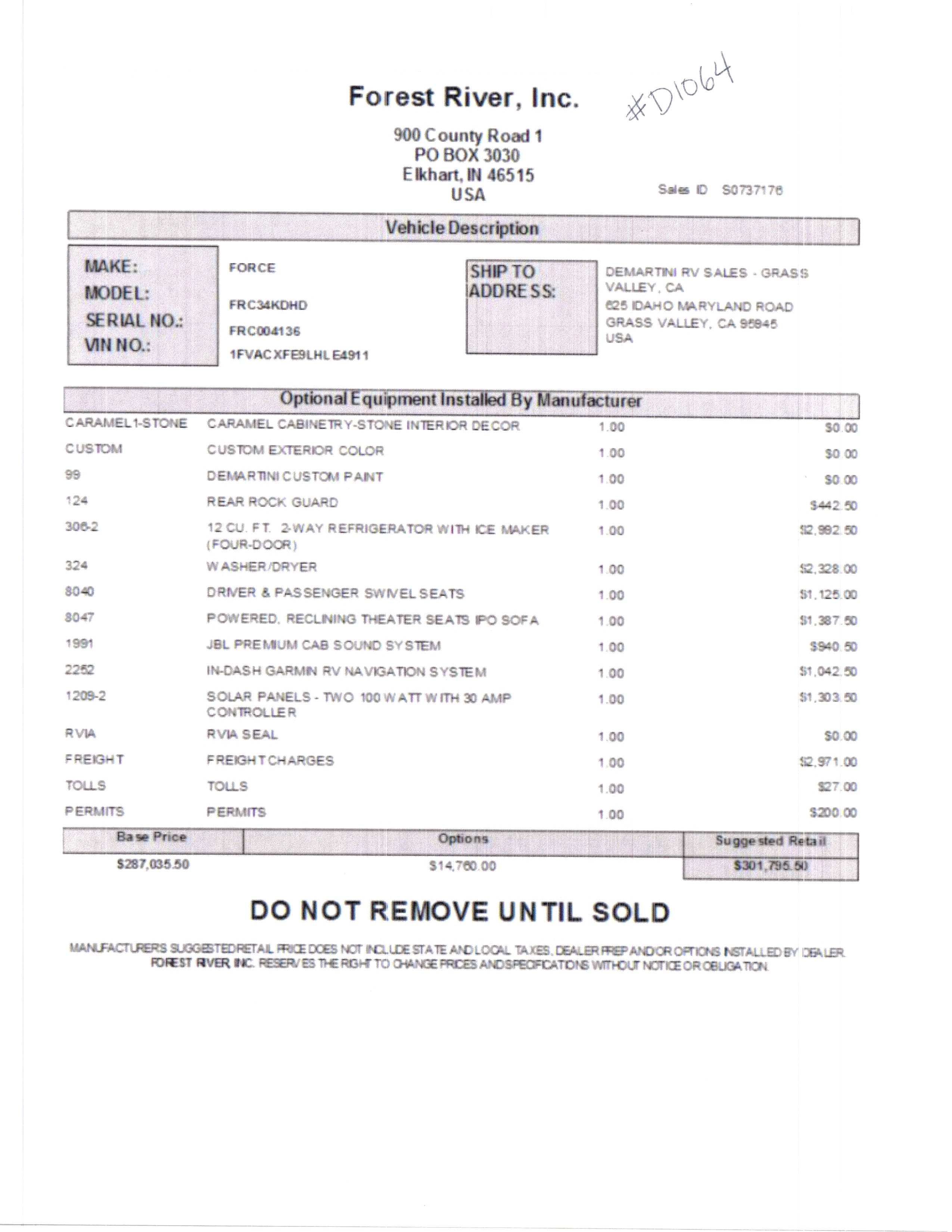 2021 Dynamax Force HD 34KD MSRP Sheet