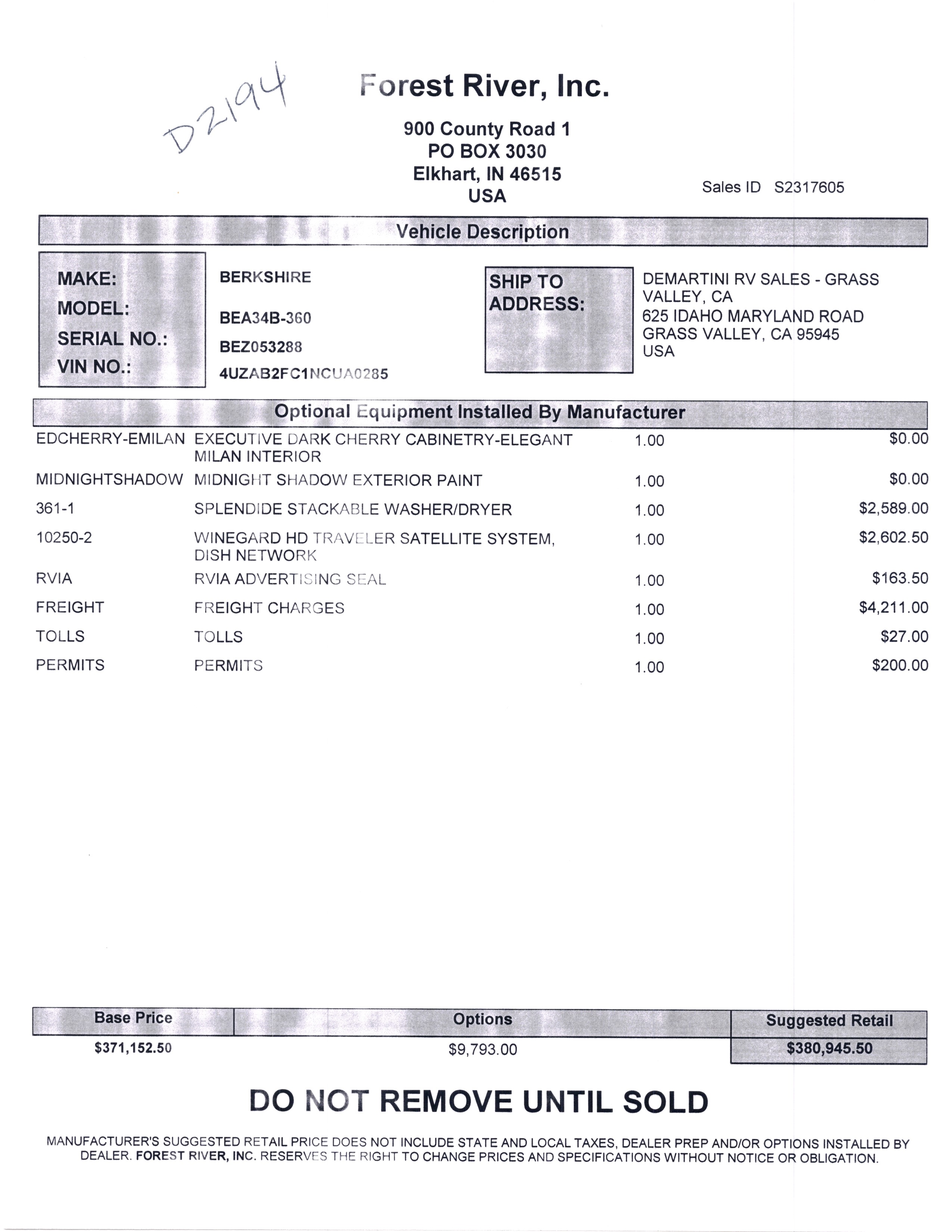 2022 Forest River Berkshire 34B MSRP Sheet