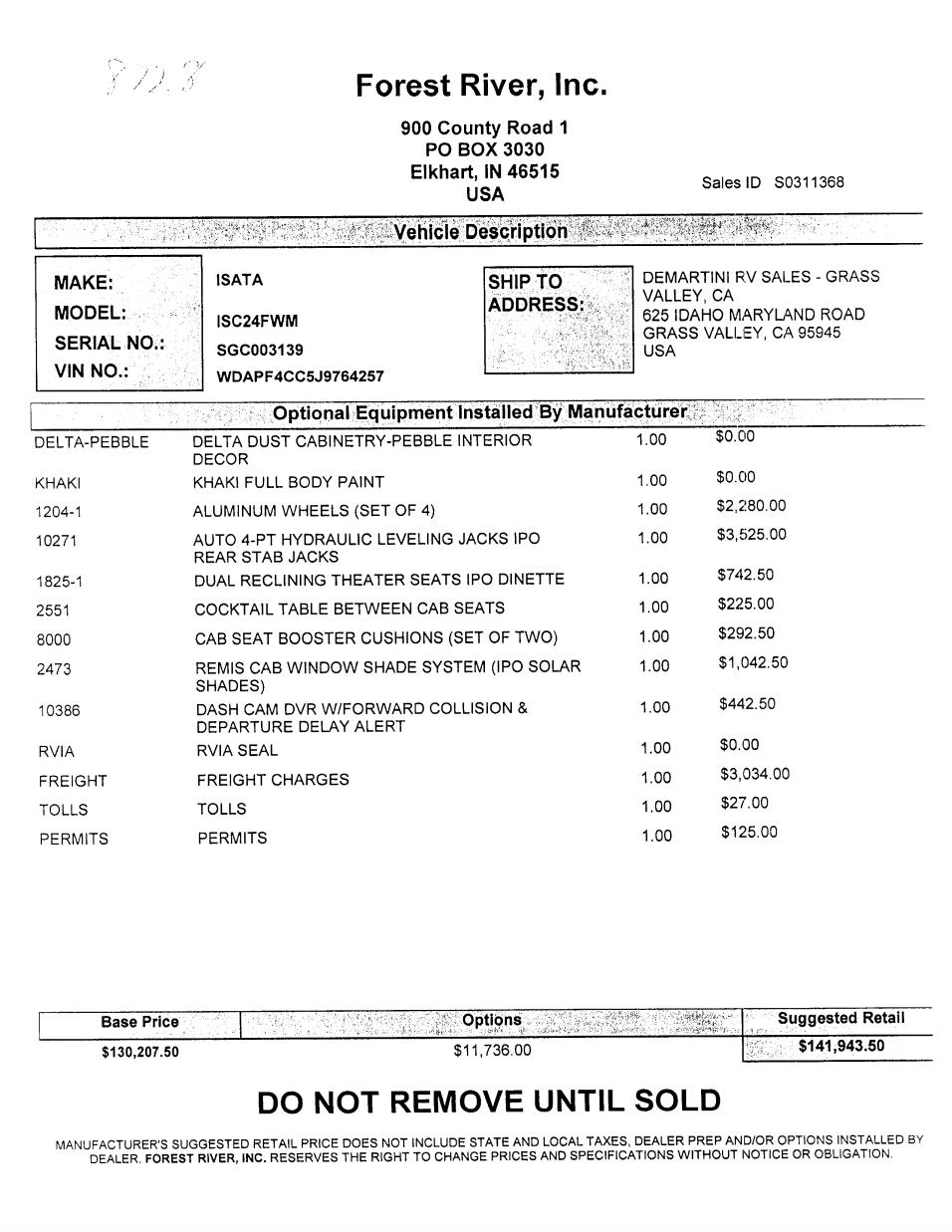 2019 Dynamax Isata 3 24FW MSRP Sheet