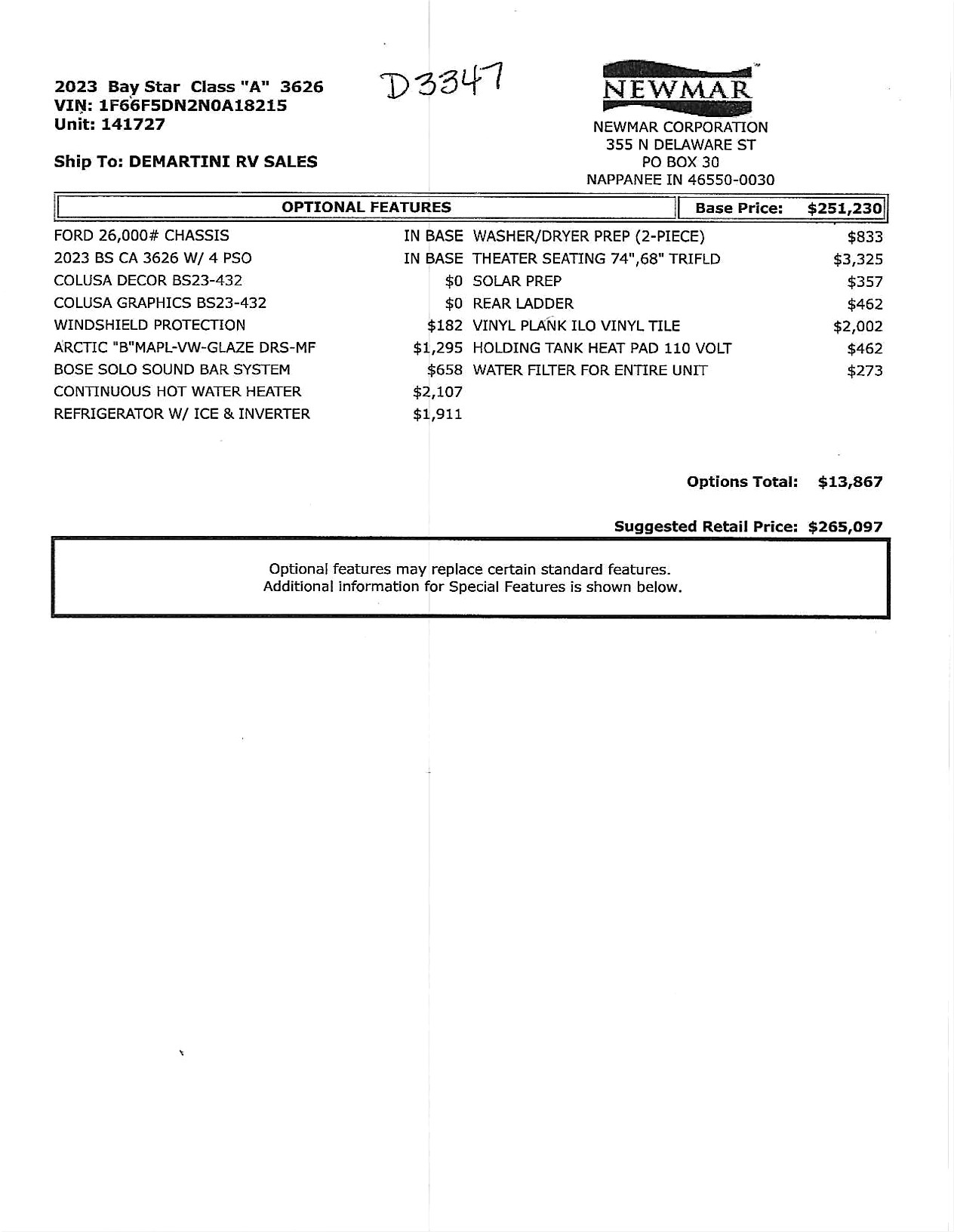 2023 Newmar Baystar 3626 MSRP Sheet