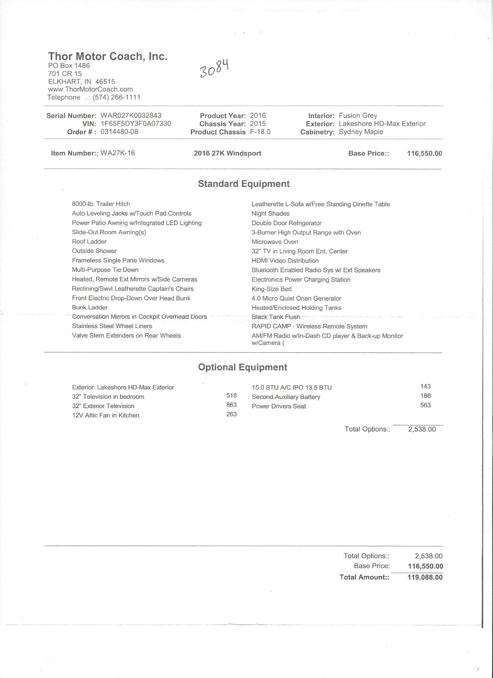 2016 Thor Windsport 27K MSRP Sheet