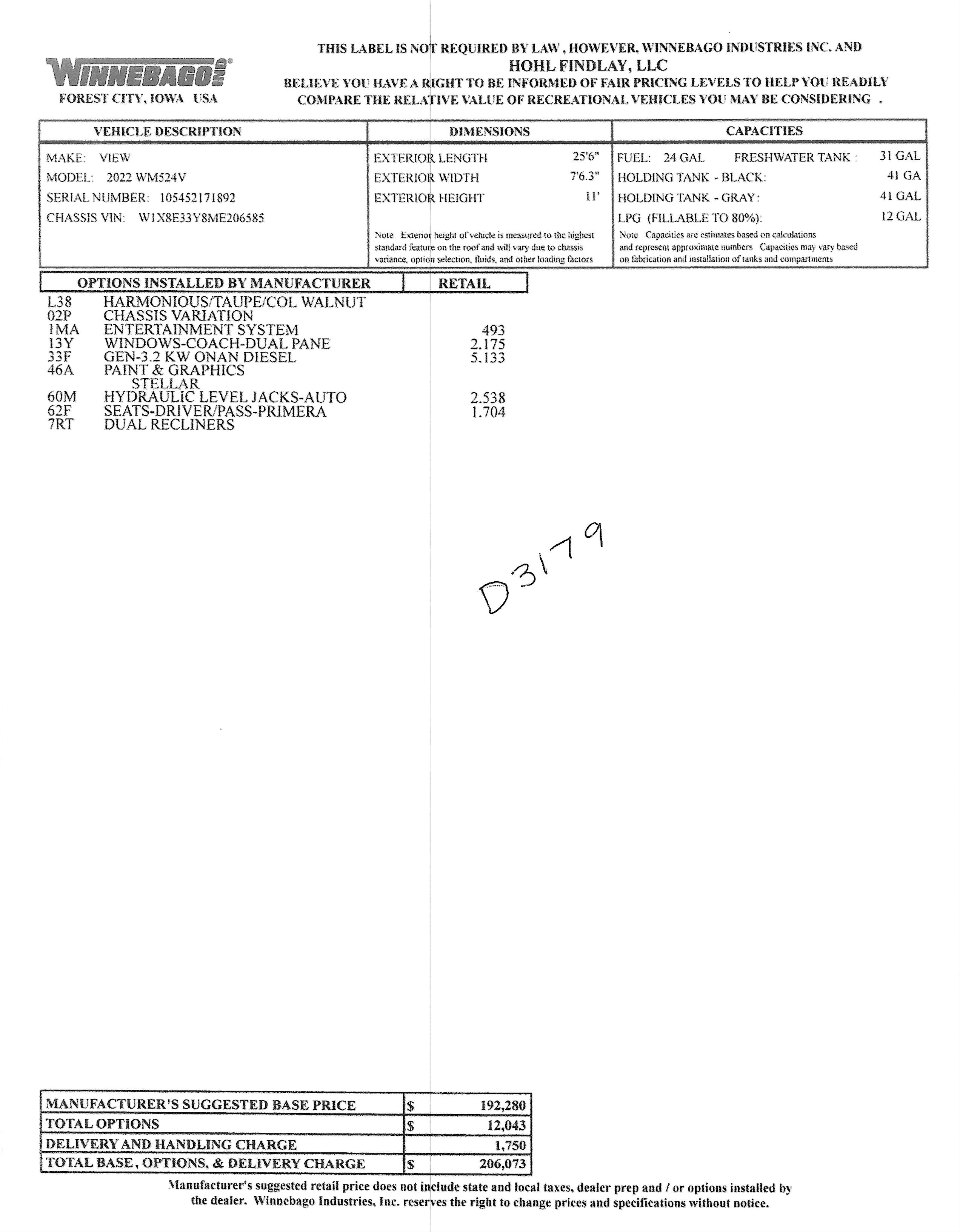 2022 Winnebago View 24V MSRP Sheet