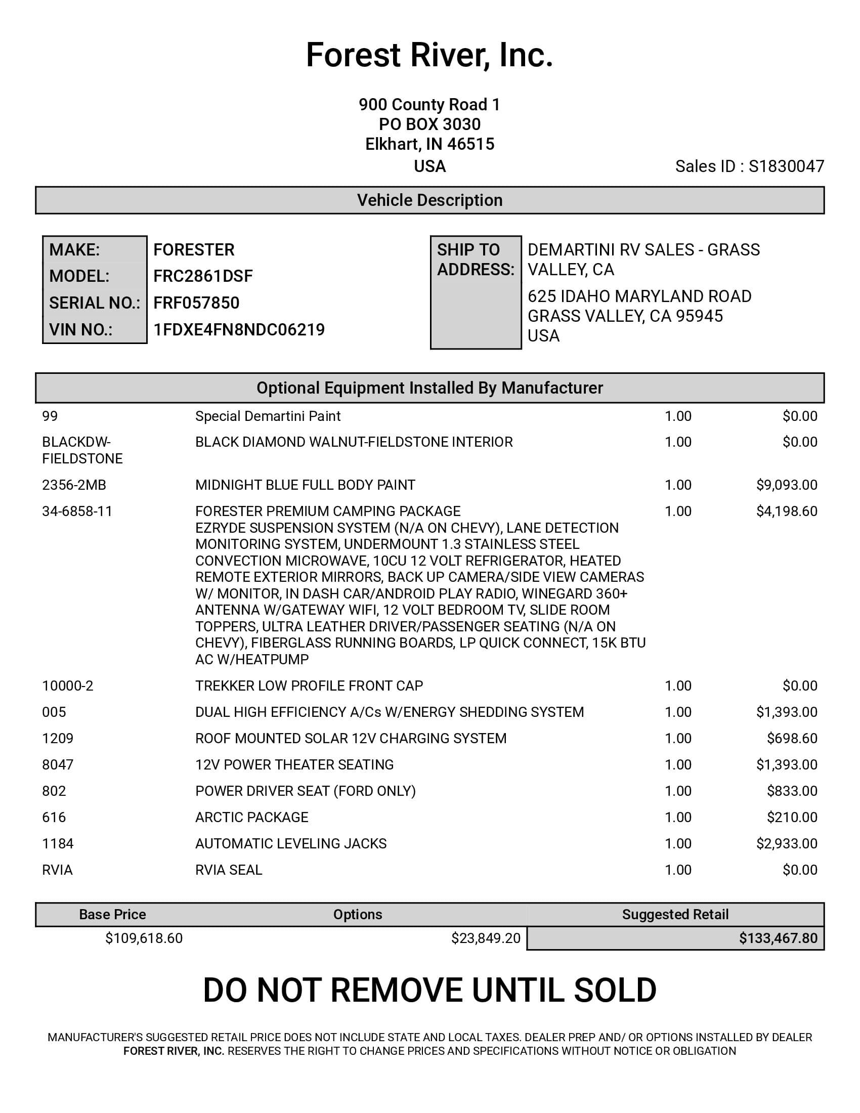 2022 Forest River Forester Classic 2861DS MSRP Sheet