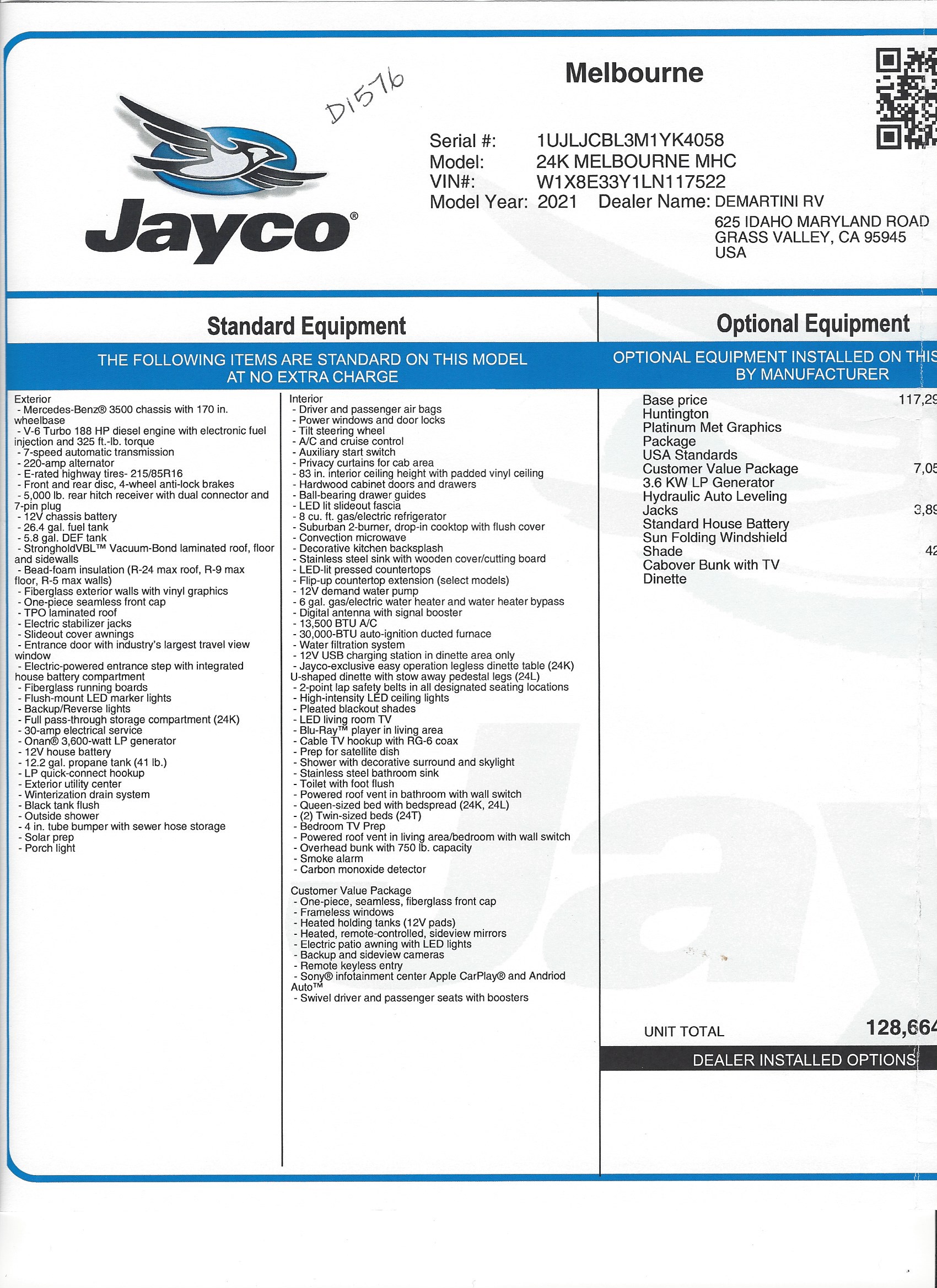 2021 Jayco Melbourne 24K MSRP Sheet