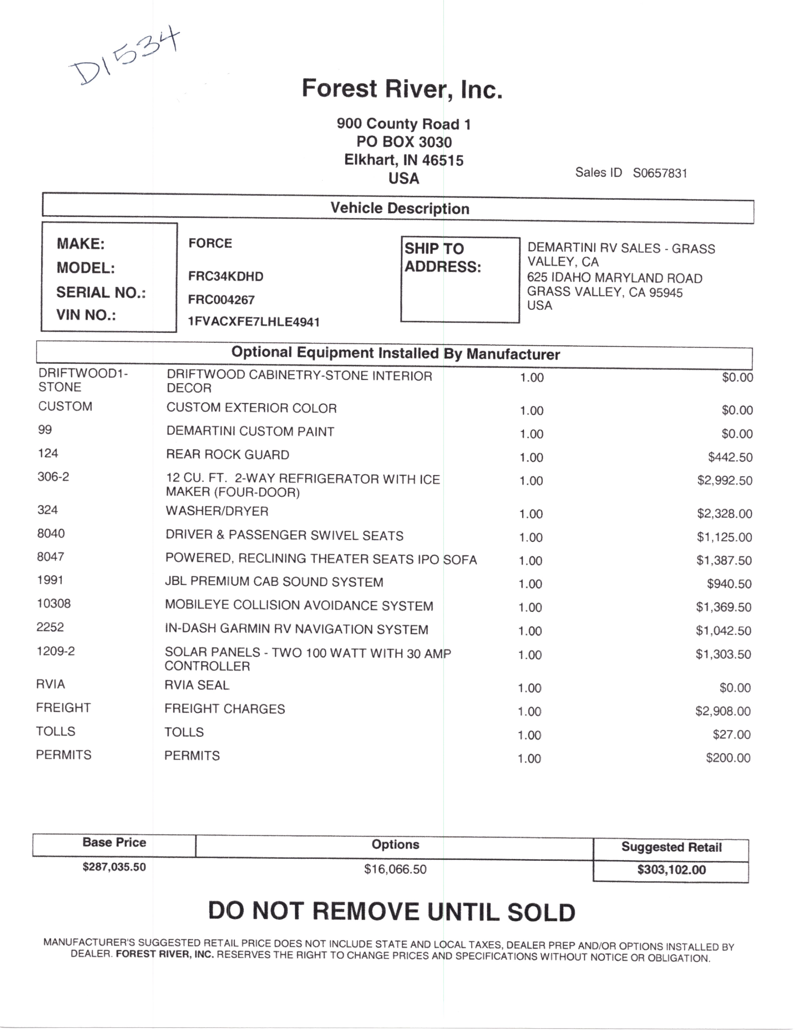 2021 Dynamax Force HD 34KD MSRP Sheet