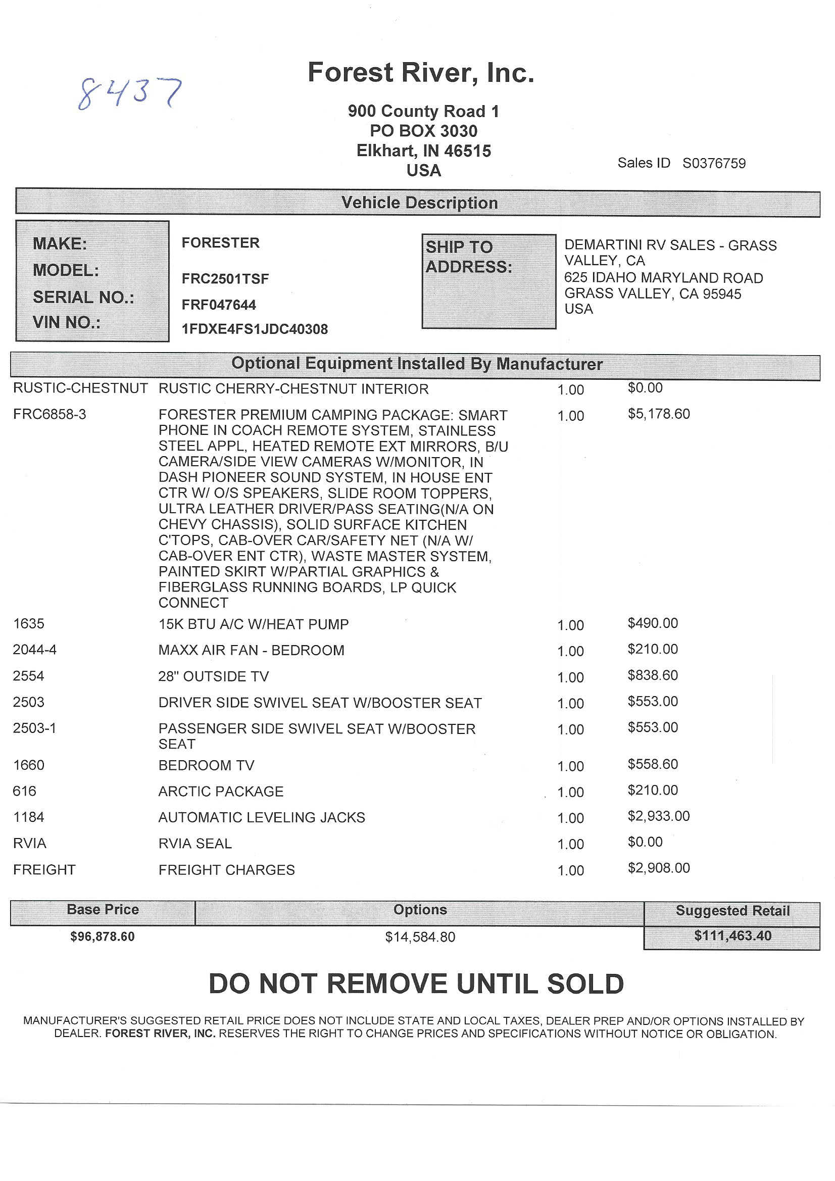 2019 Forest River Forester 2501TS MSRP Sheet