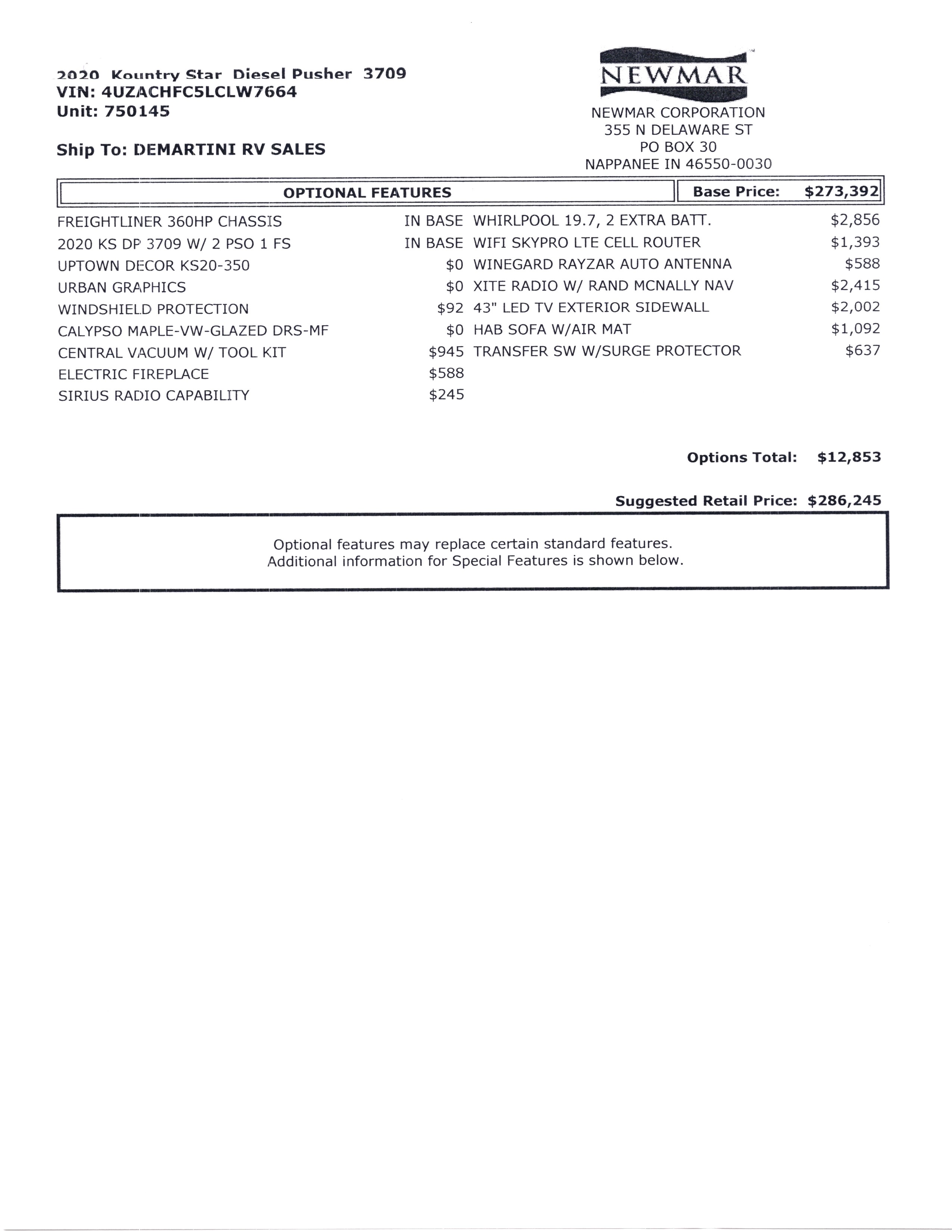 2020 Newmar Kountry Star 3709 MSRP Sheet