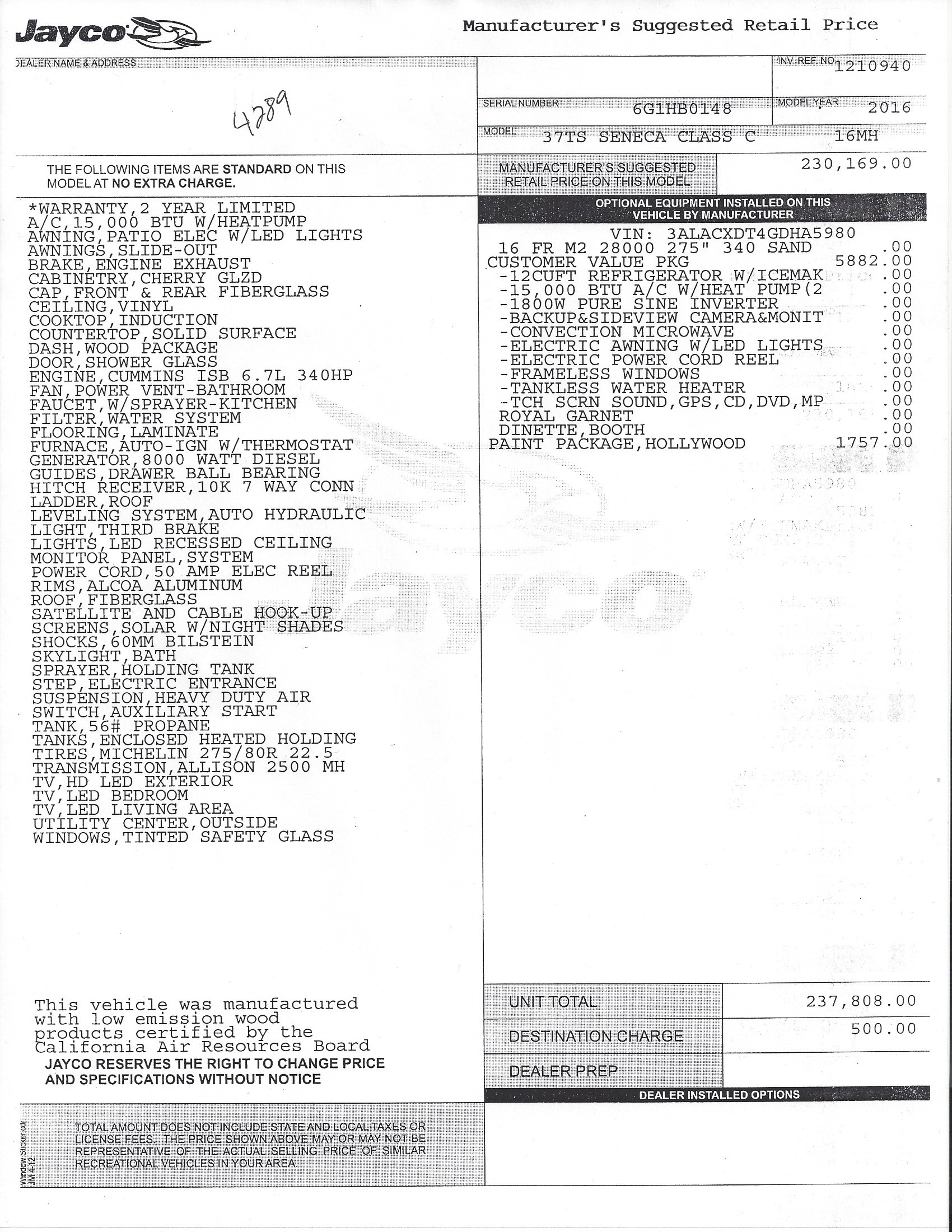 2016 Jayco Seneca 37TS MSRP Sheet