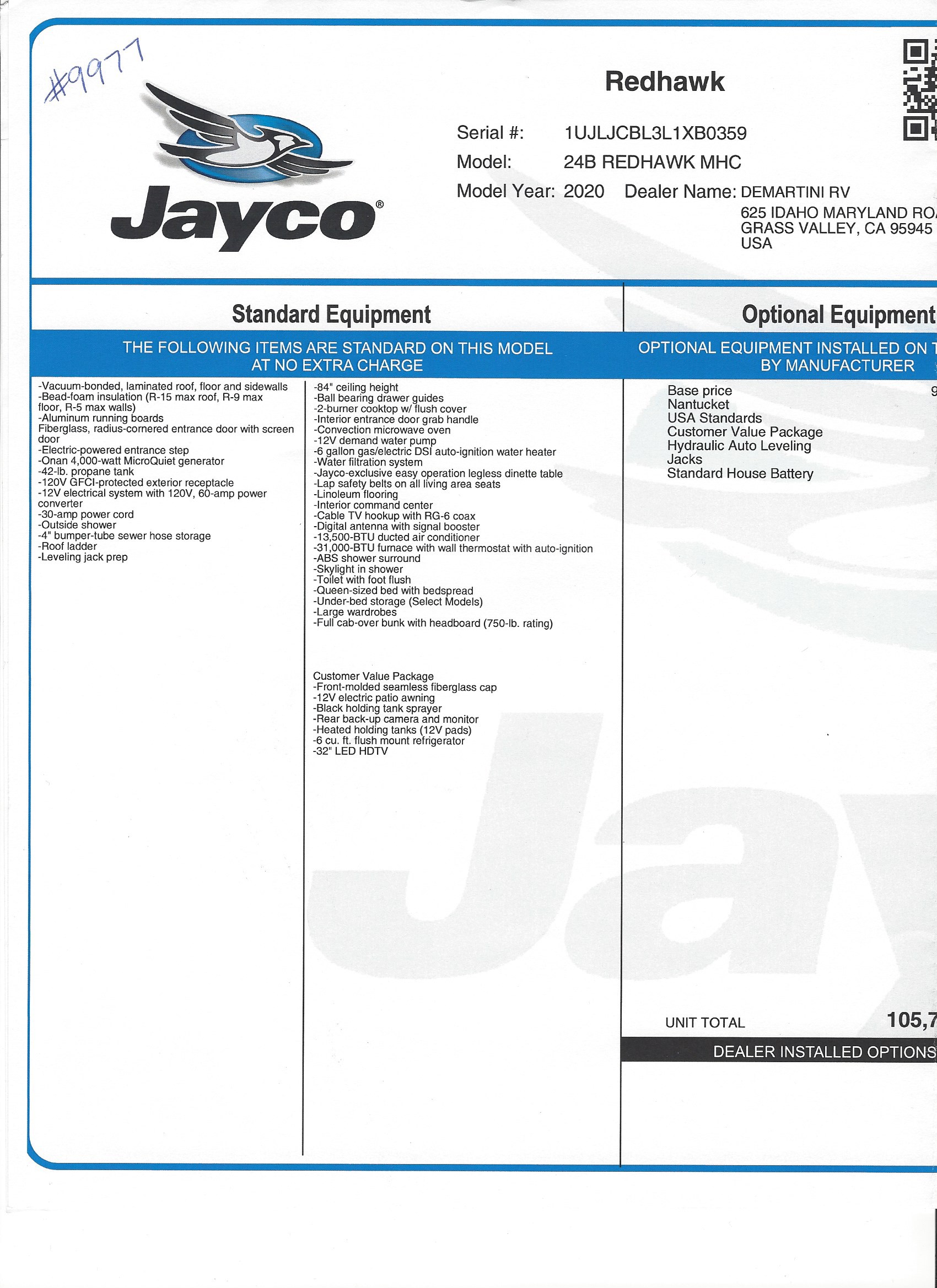 2020 Jayco Redhawk 24B MSRP Sheet