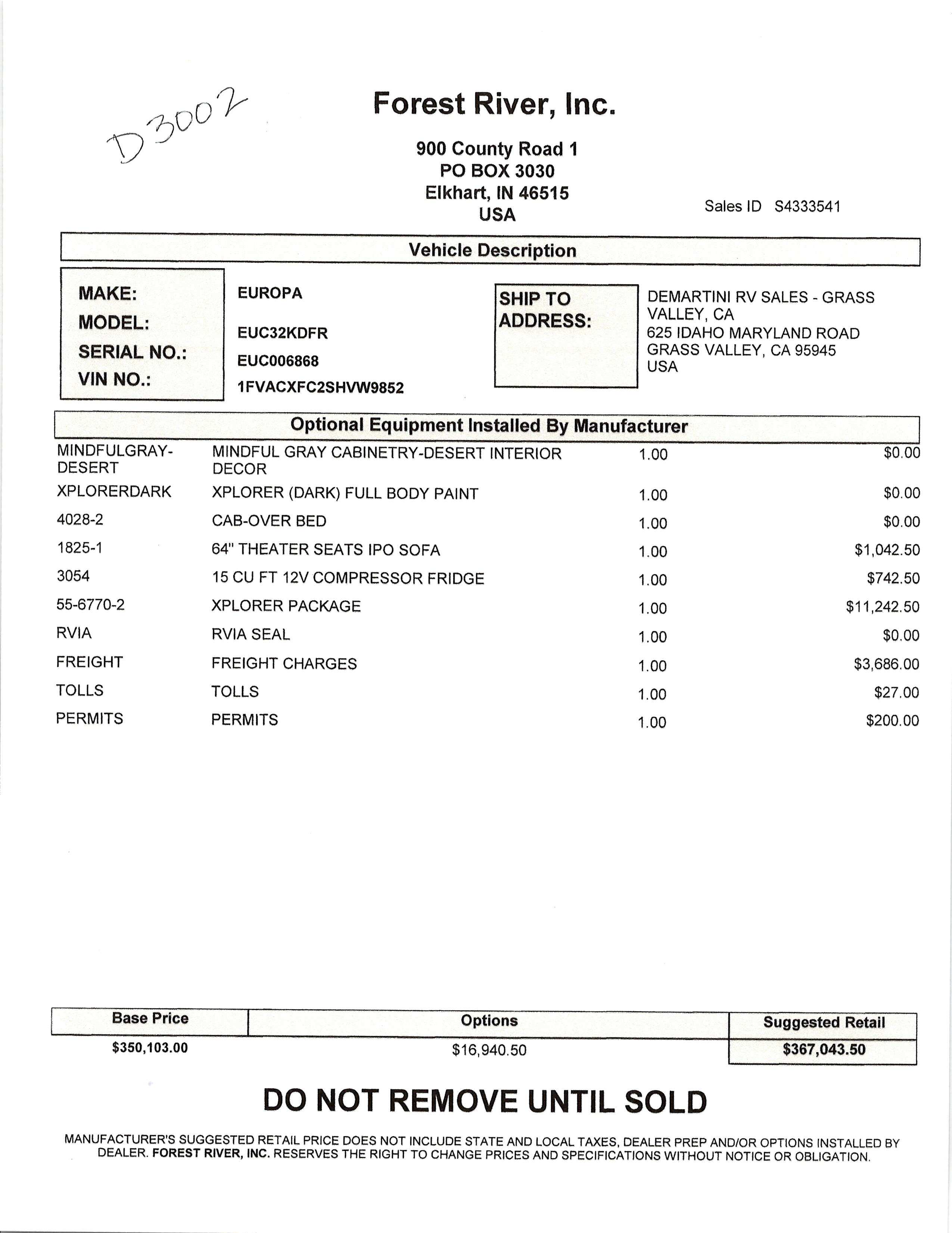 2025 Dynamax Europa 32KD MSRP Sheet