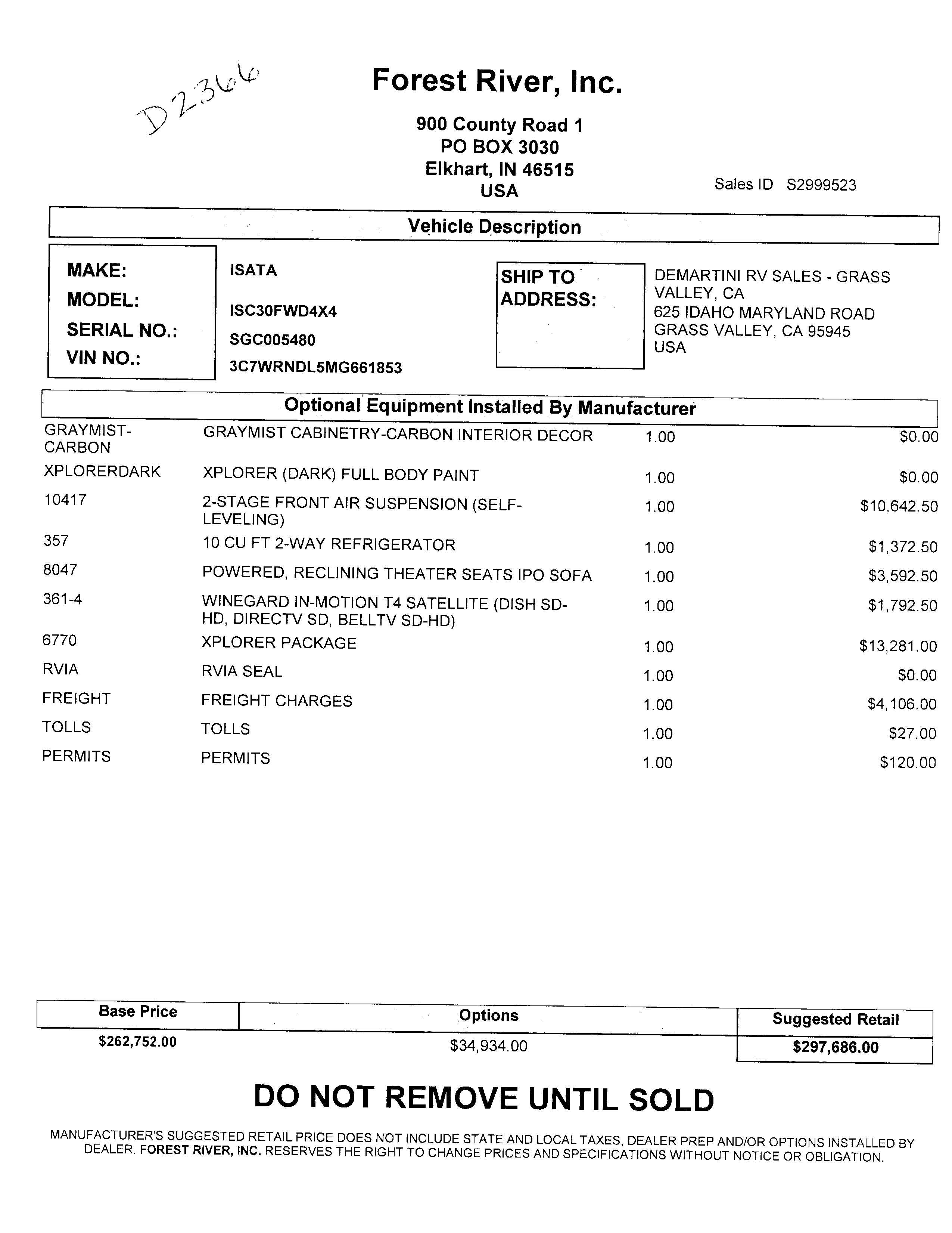 2023 Dynamax Isata 5 4x4 30FW with Xplorer Package MSRP Sheet