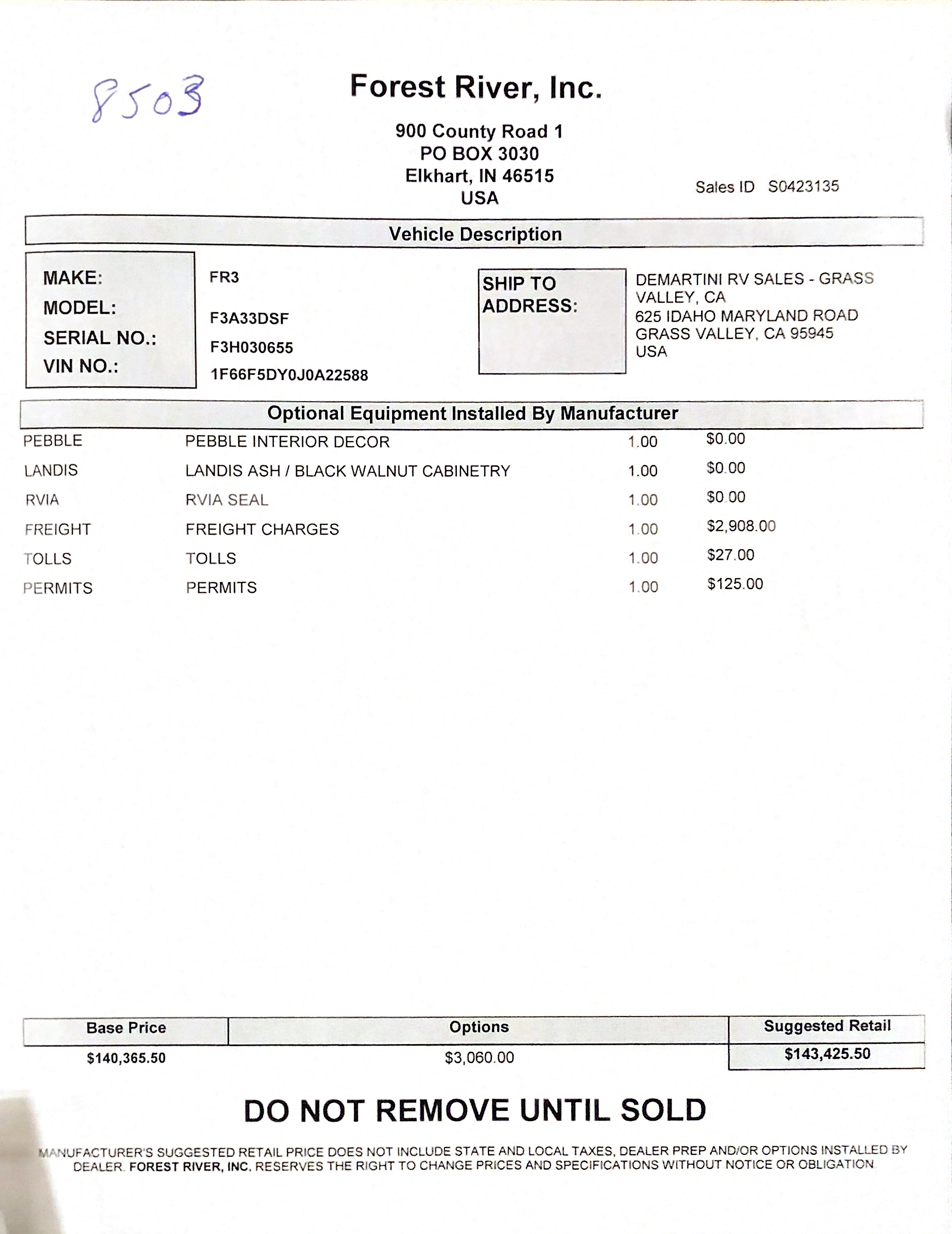 2019 Forest River FR3 33DS MSRP Sheet