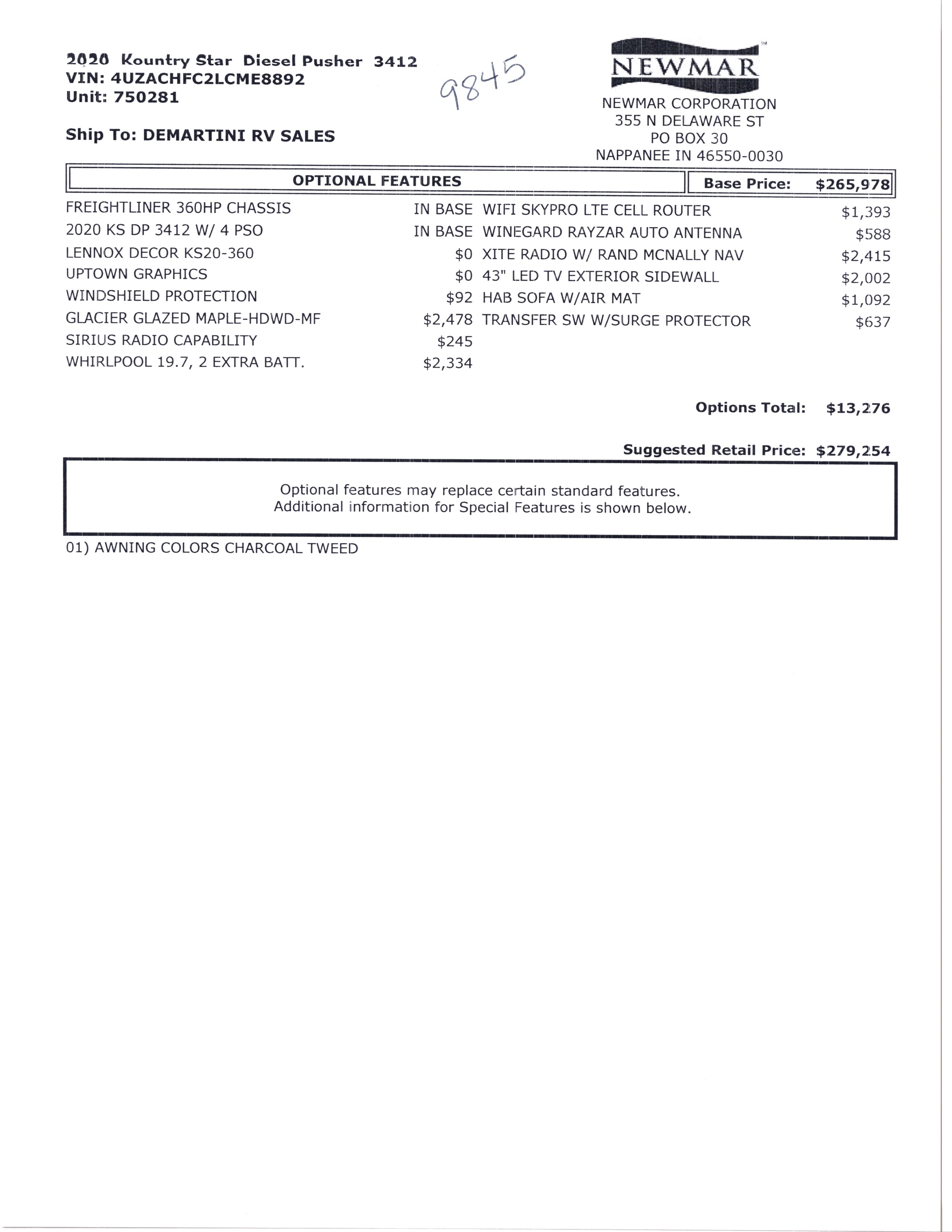 2020 Newmar Kountry Star 3412 MSRP Sheet