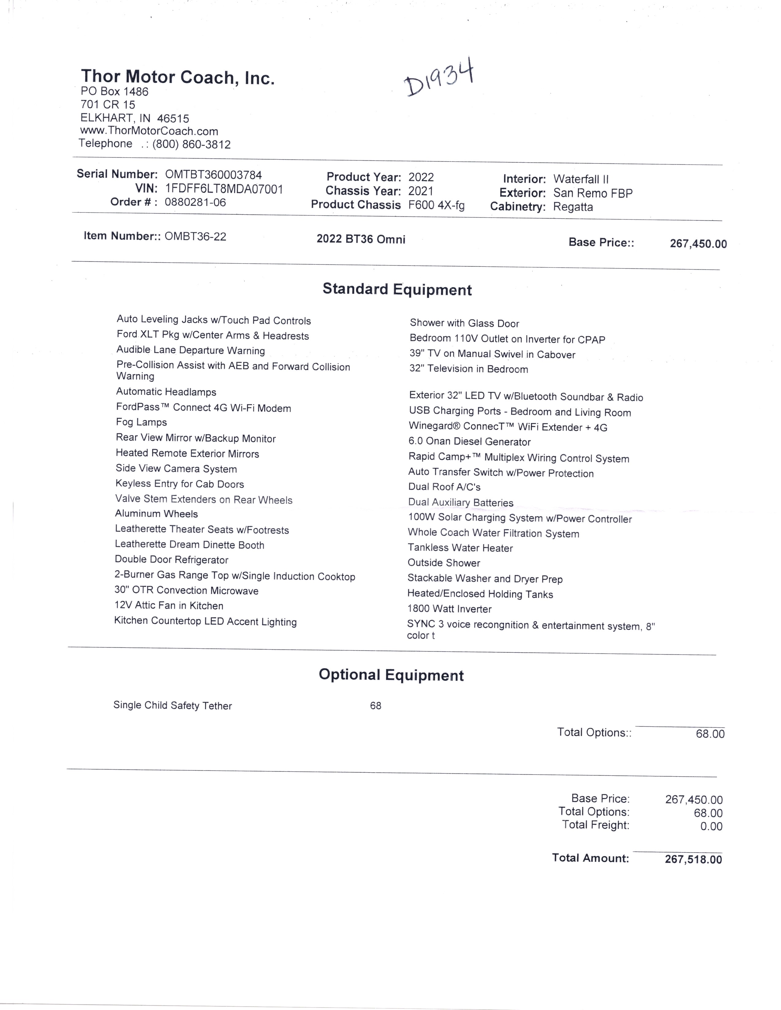 2022 Thor Omni 4x4 BT36 MSRP Sheet
