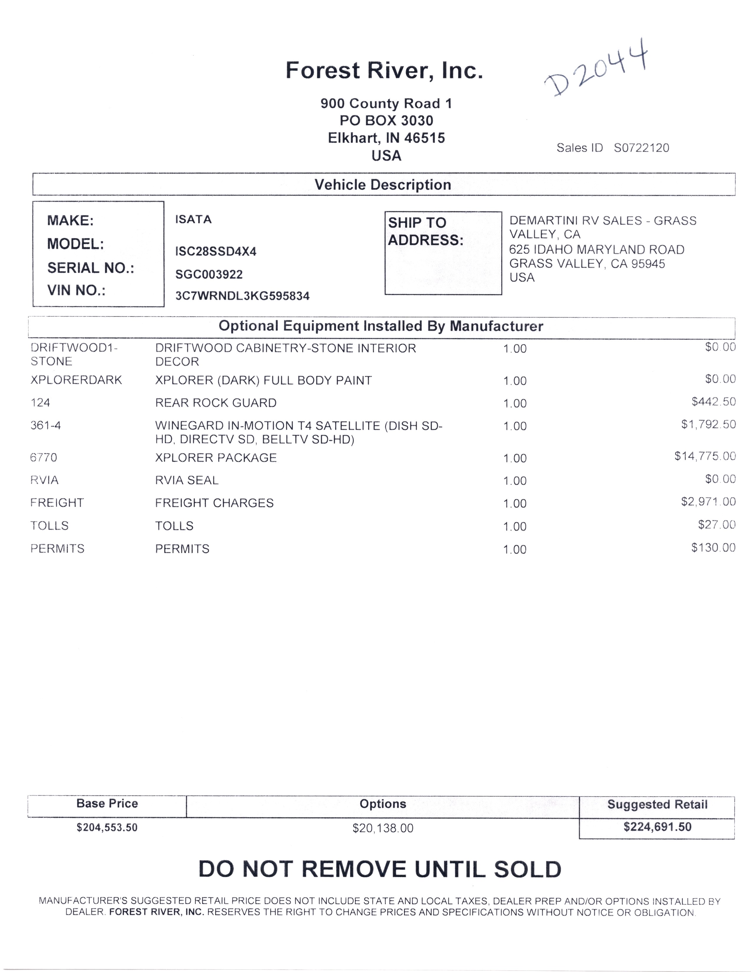 2021 Dynamax Isata 5 4x4 28SS Xplorer Package MSRP Sheet