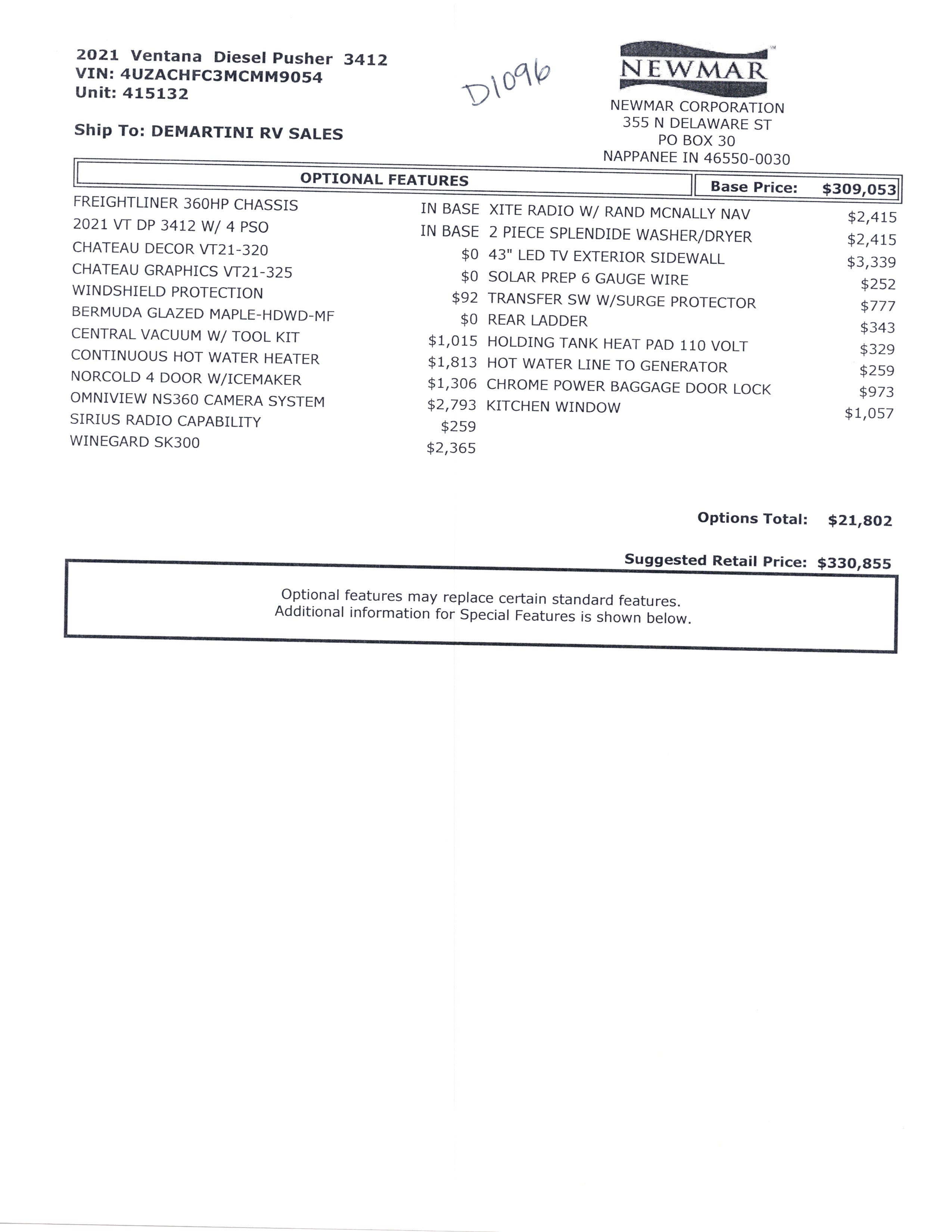 2021 Newmar Ventana 3412 MSRP Sheet