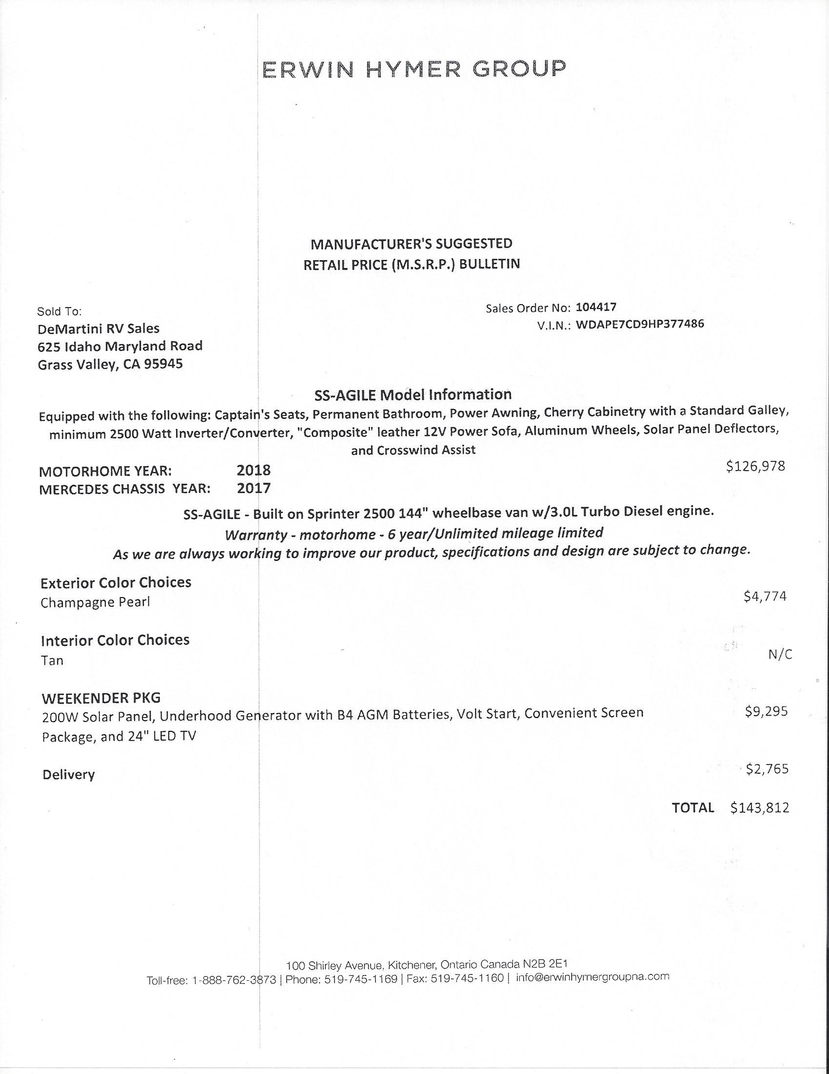 2018 RoadTrek Agile SS MSRP Sheet