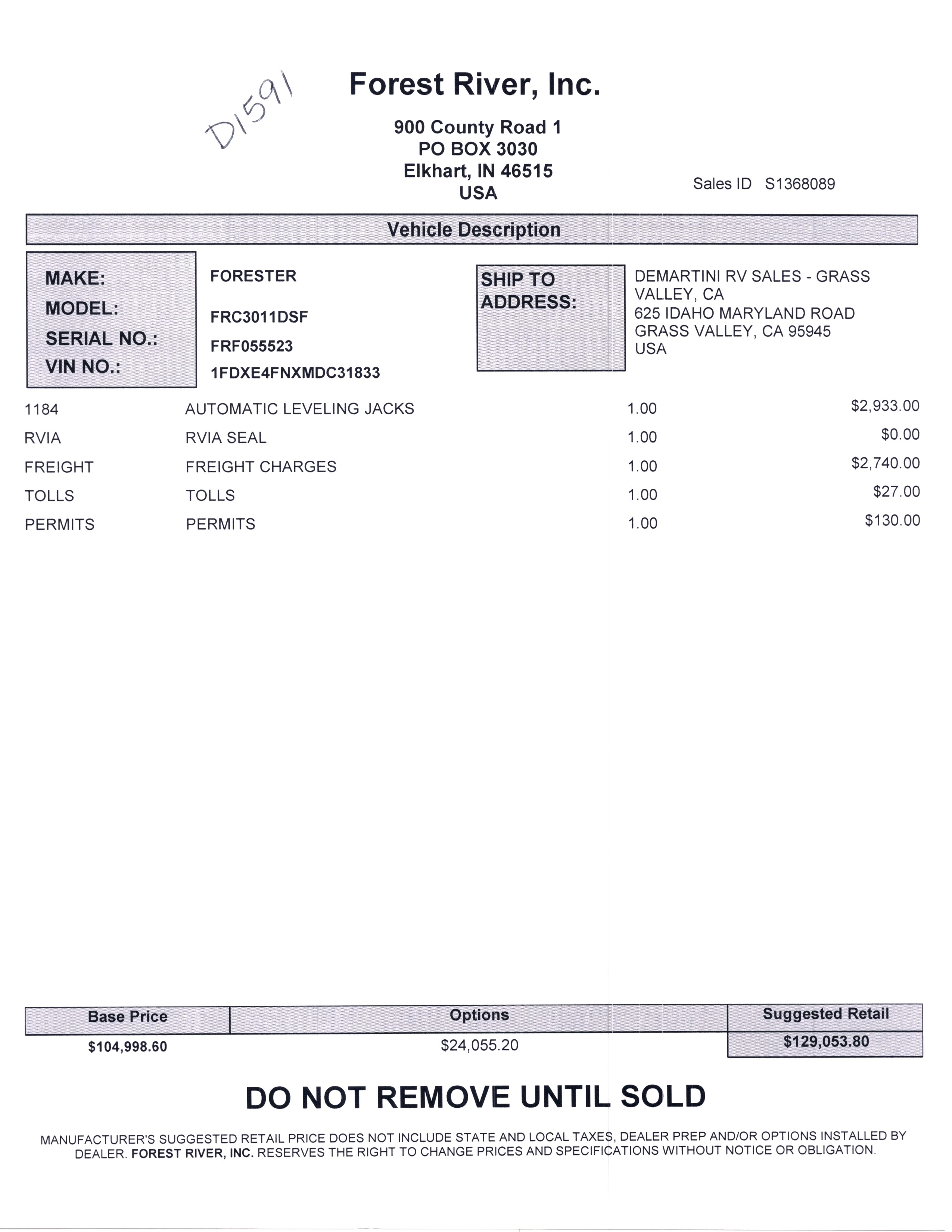 2021 Forest River Forester Classic 3011DS MSRP Sheet