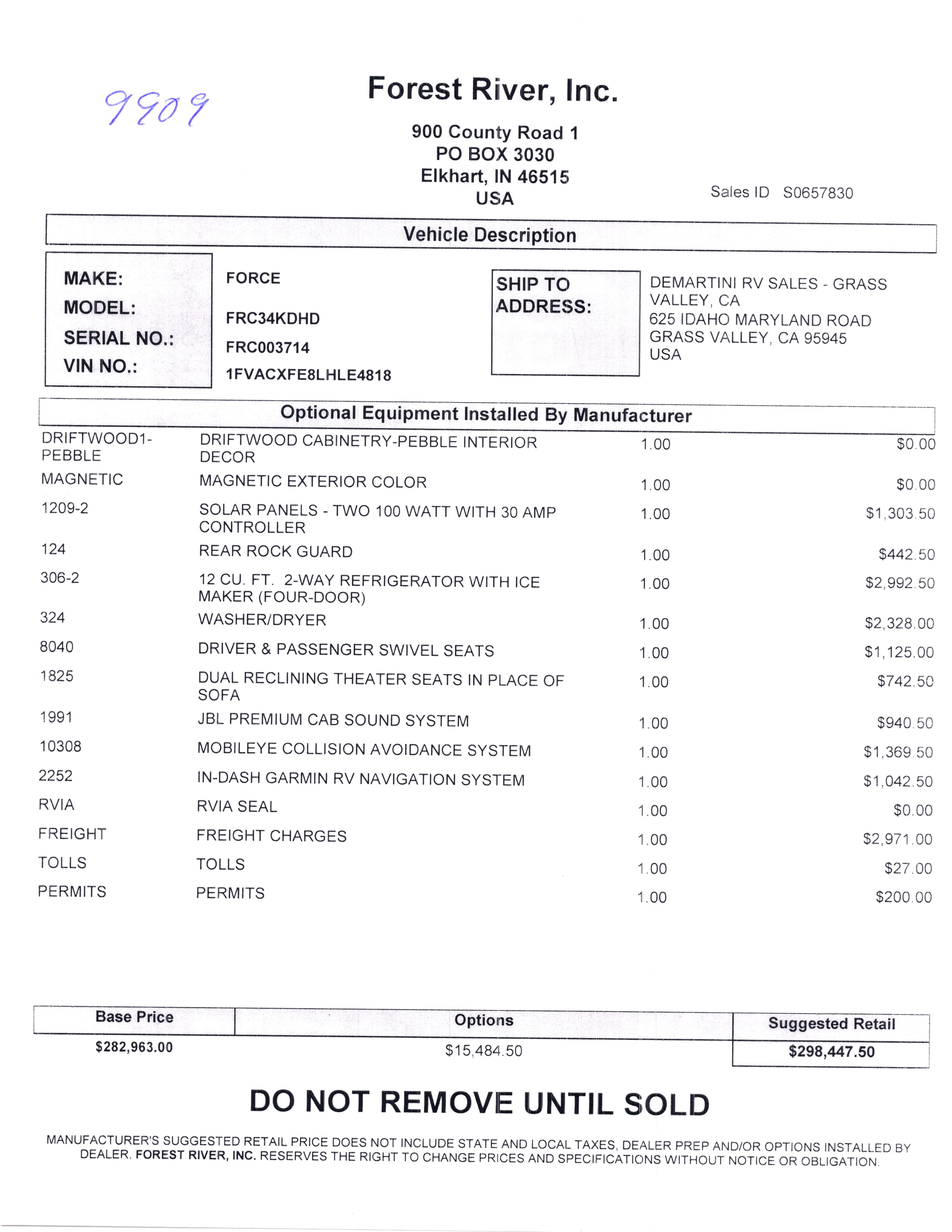 2020 Dynamax Force HD 34KD MSRP Sheet